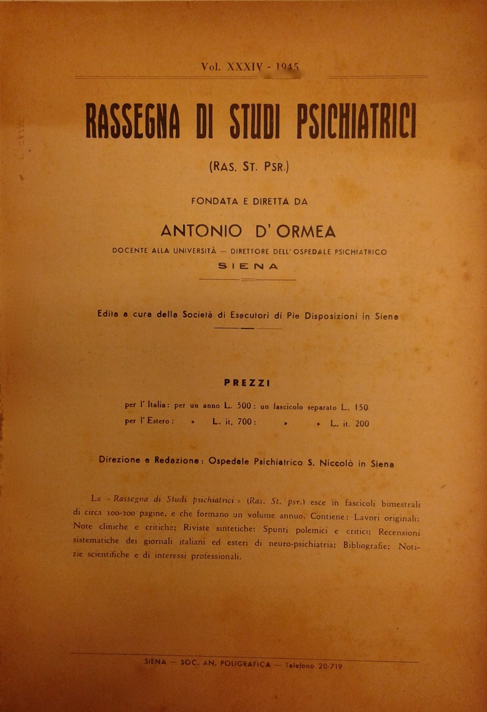 Rassegna di studi psichiatrici. Diretta da Antonio D'Ormea.