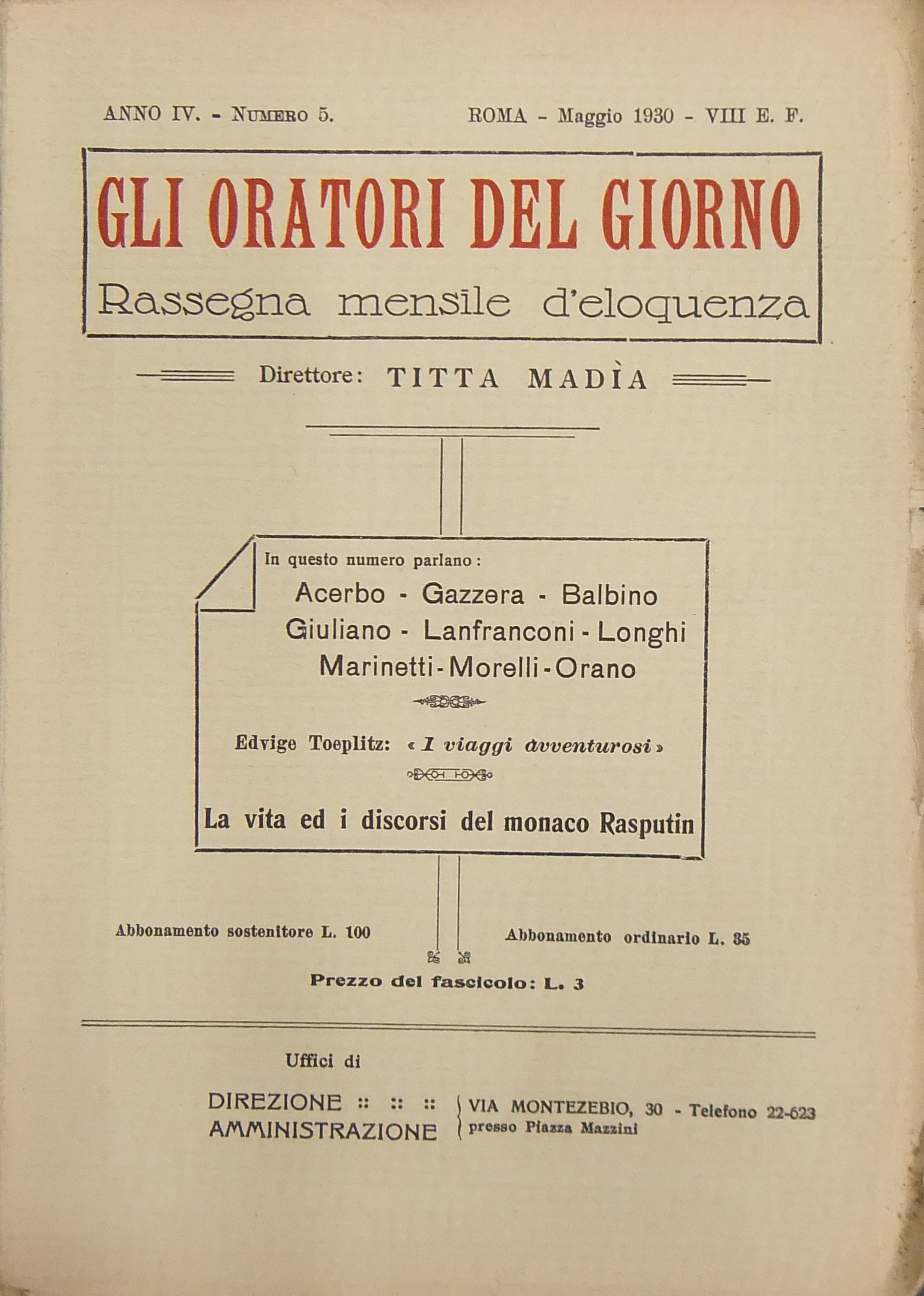 Gli oratori del giorno. Rassegna mensile d'eloquenza. Anno IV - Numero 5. Maggio 1930. 