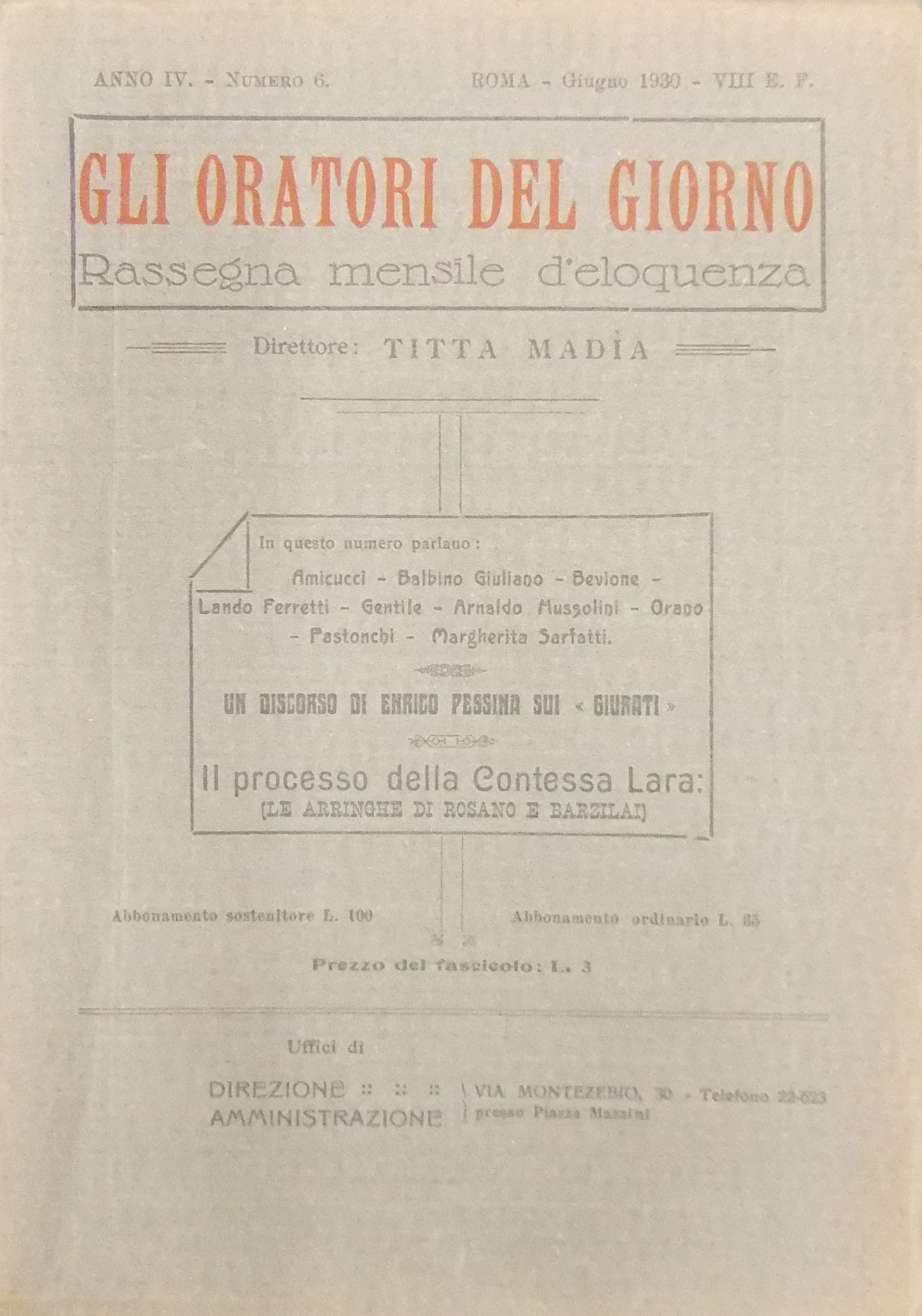 Gli oratori del giorno. Rassegna mensile d'eloquenza. Anno IV - Numero 6. Giugno 1930. 