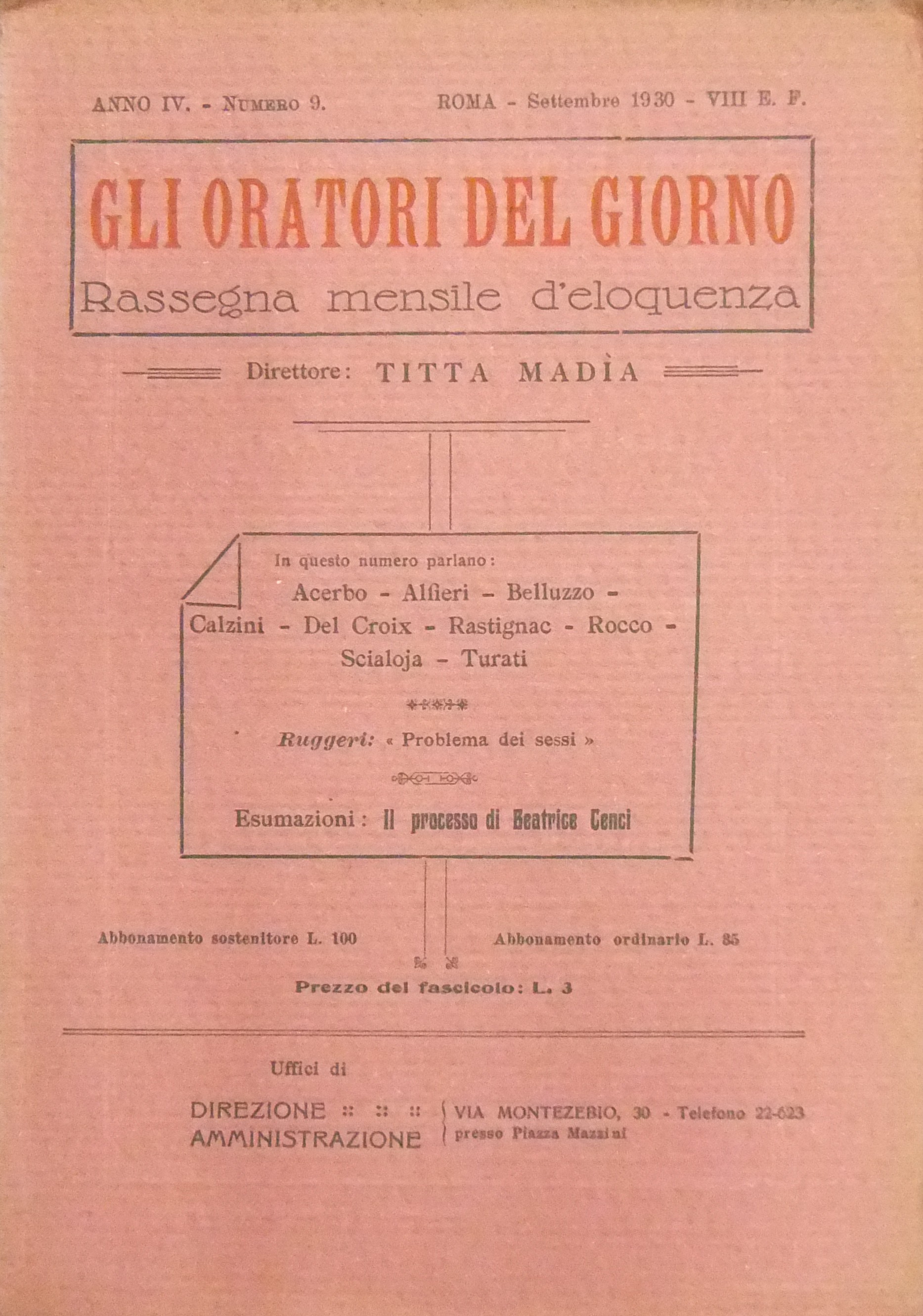 Gli oratori del giorno. Rassegna mensile d'eloquenza. Anno IV - Numero 9. Settembre 1930. 