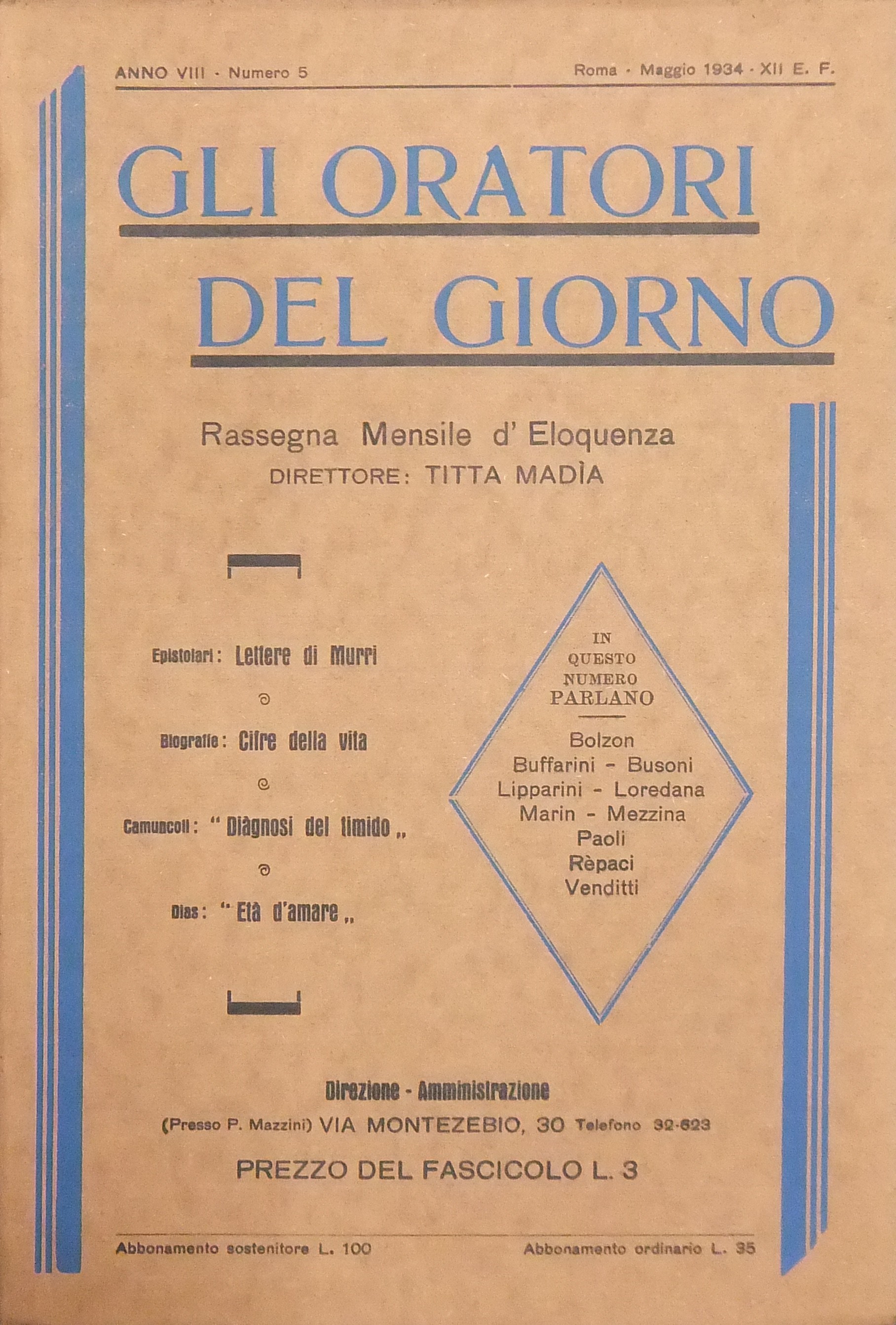 Gli oratori del giorno. Rassegna mensile d'eloquenza. Anno VIII - Numero 5. Maggio 1930. 