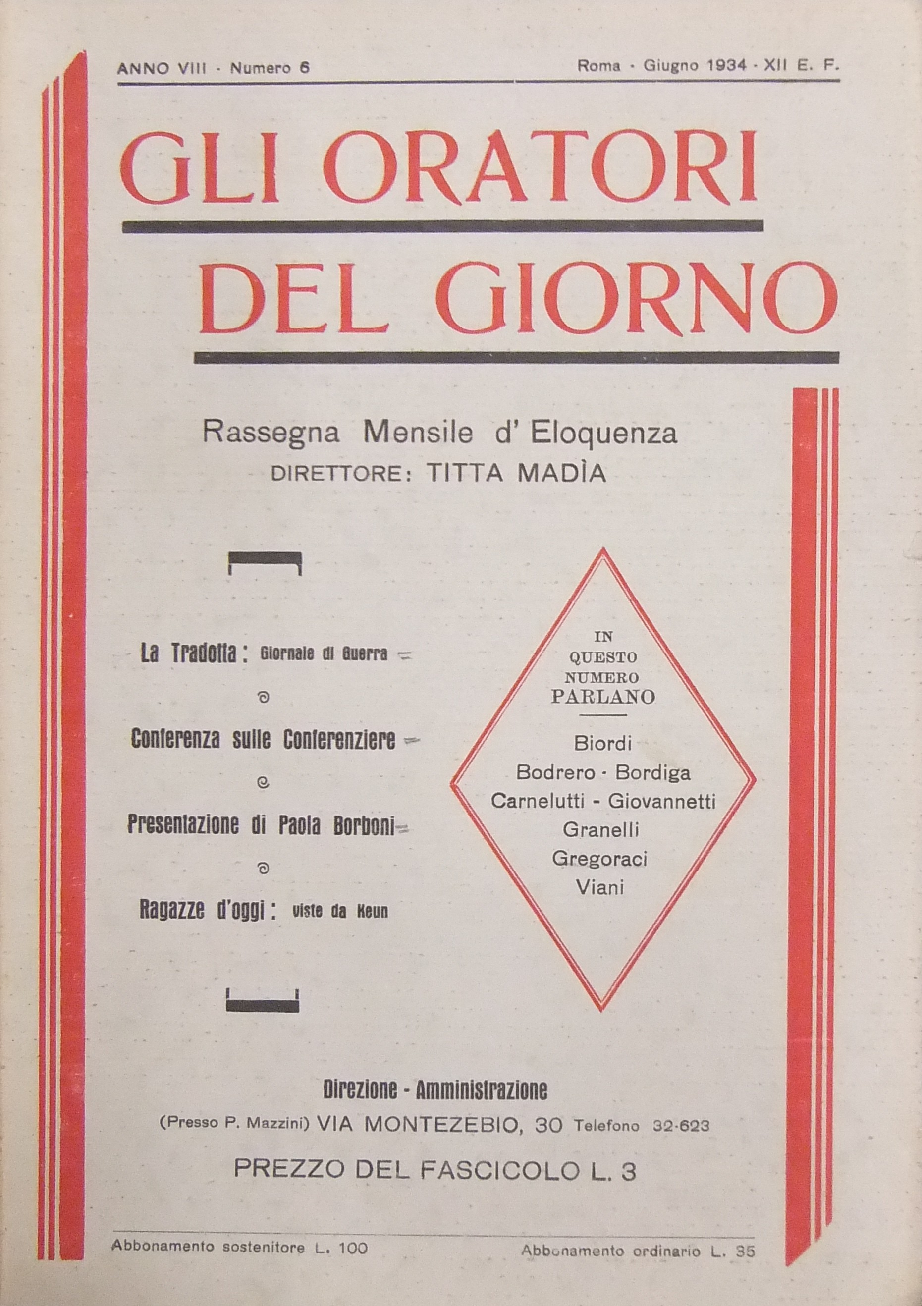 Gli oratori del giorno. Rassegna mensile d'eloquenza. Anno VIII - Numero 6. Giugno 1934. 