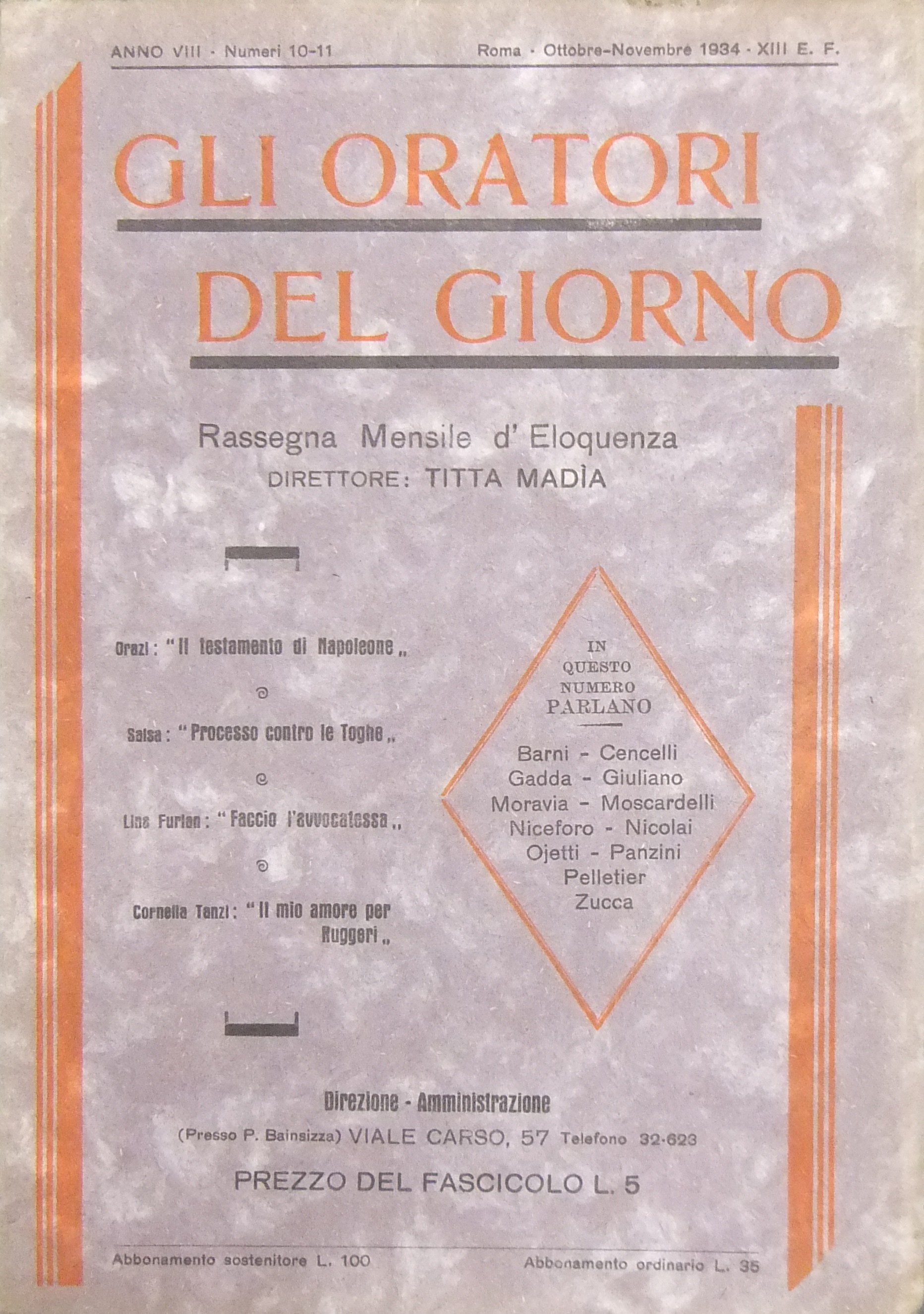 Gli oratori del giorno. Rassegna mensile d'eloquenza. Anno VIII - Numero 9. Settembre 1934. 