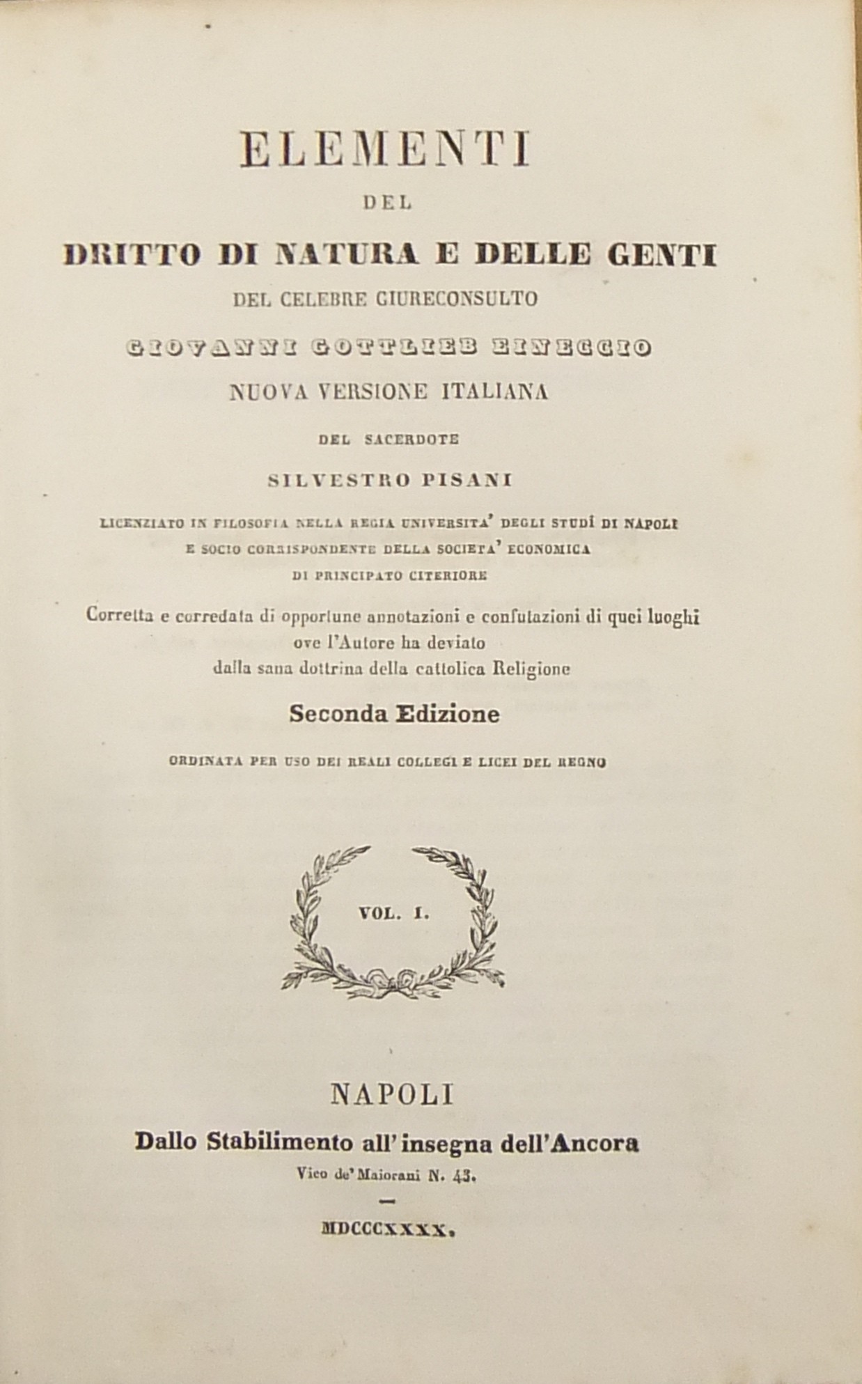 Gio Gottlieb Einnecio.. Elementi del diritto di natura