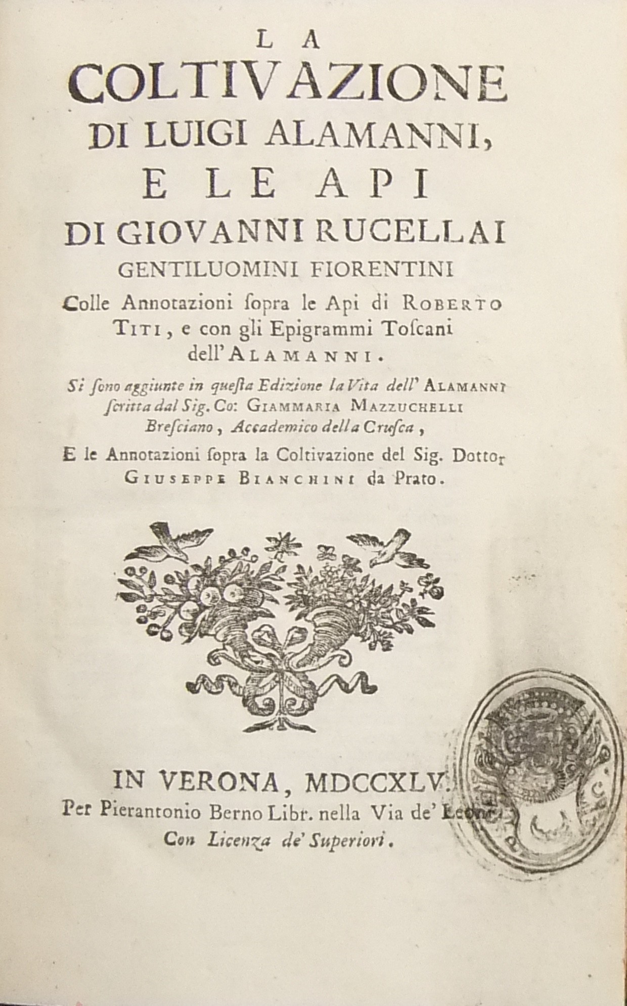 La coltivazione di Luigi Alamanni e Le api di Giovanni Rucellai gentiluomini fiorentini.