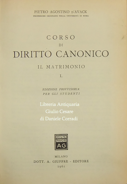Corso di diritto canonico. Vol. I - Il matrimonio