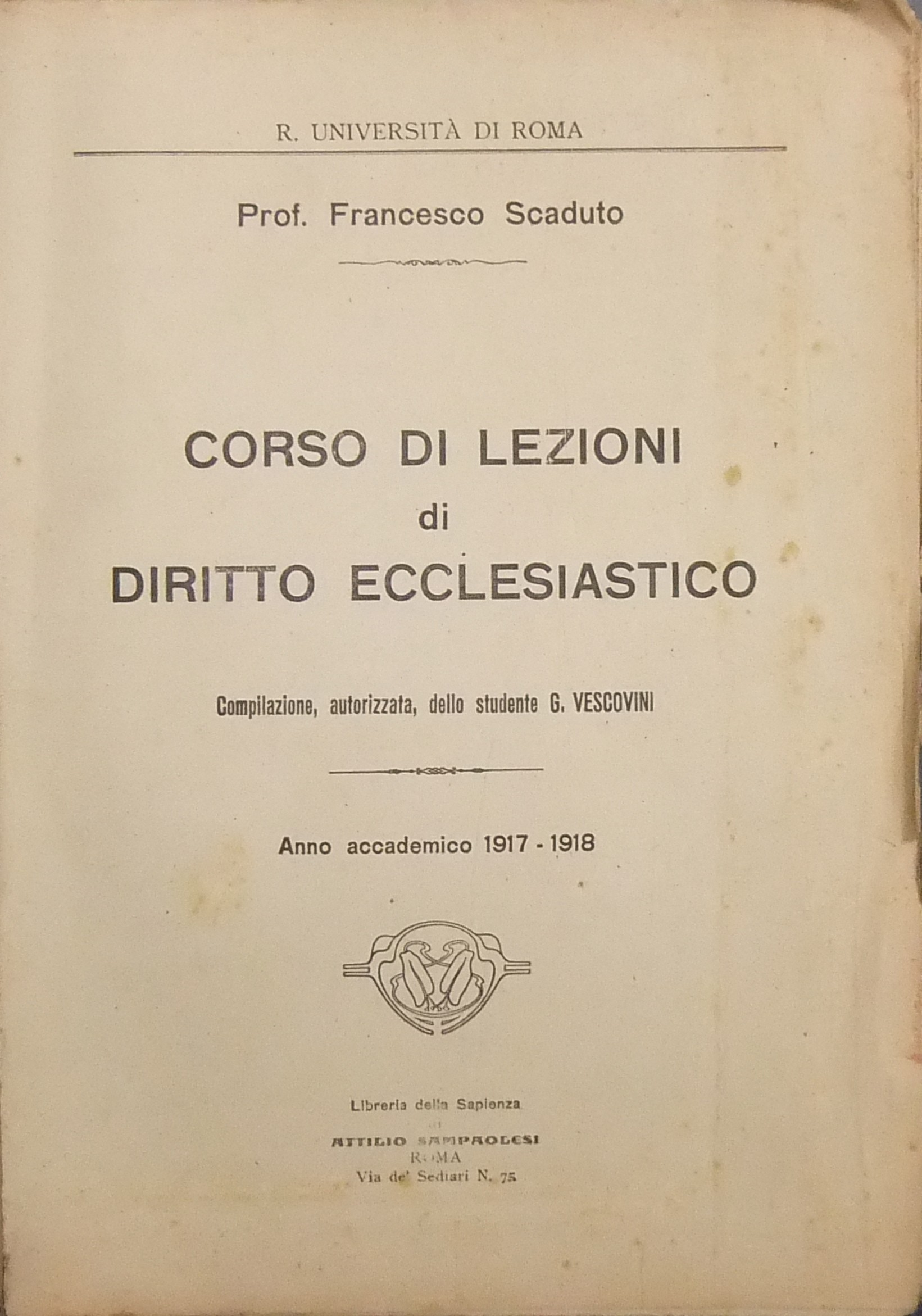 Corso di lezioni di diritto ecclesiastico.