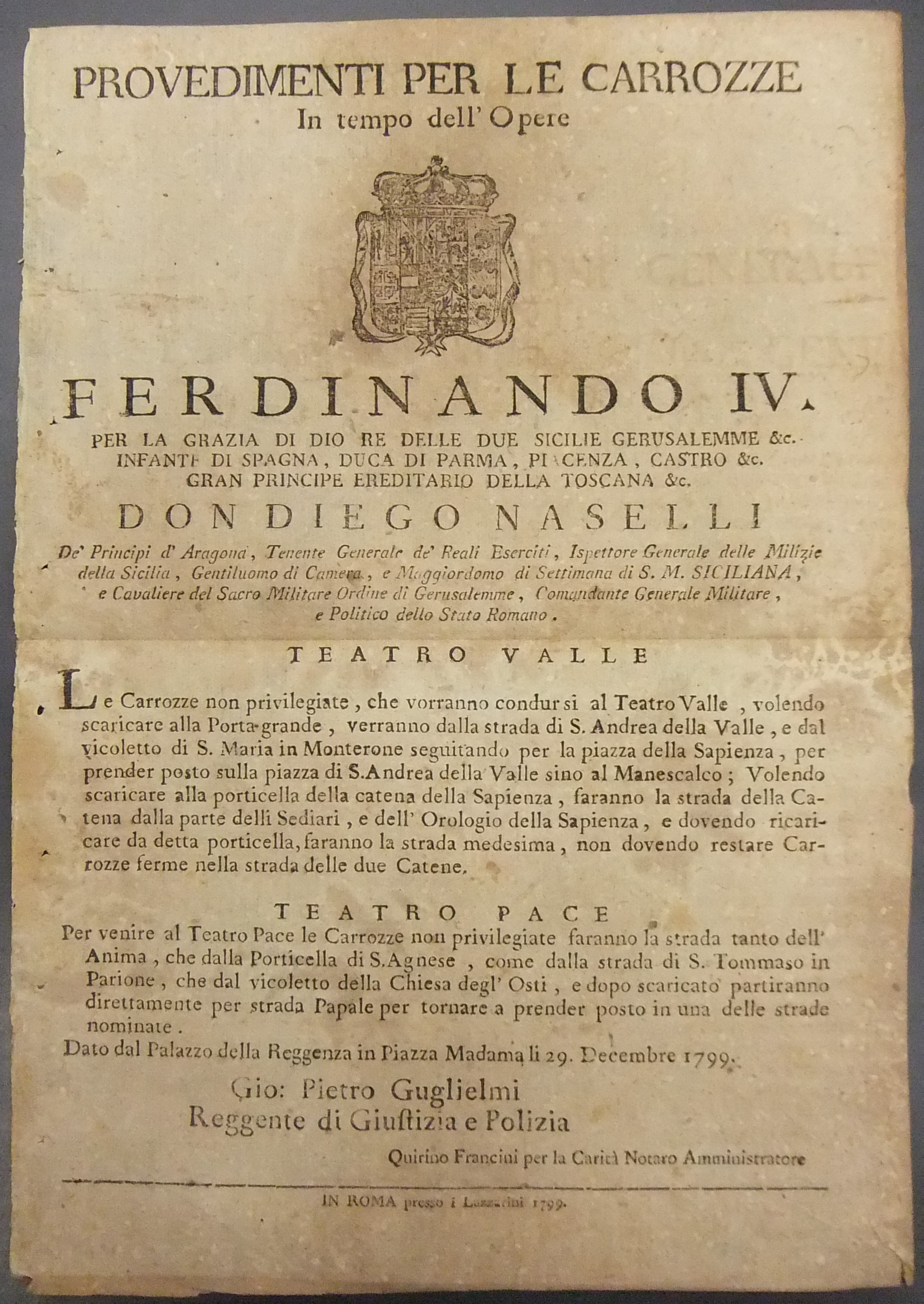 Provvedimenti per le carrozze in tempo dell'Opere