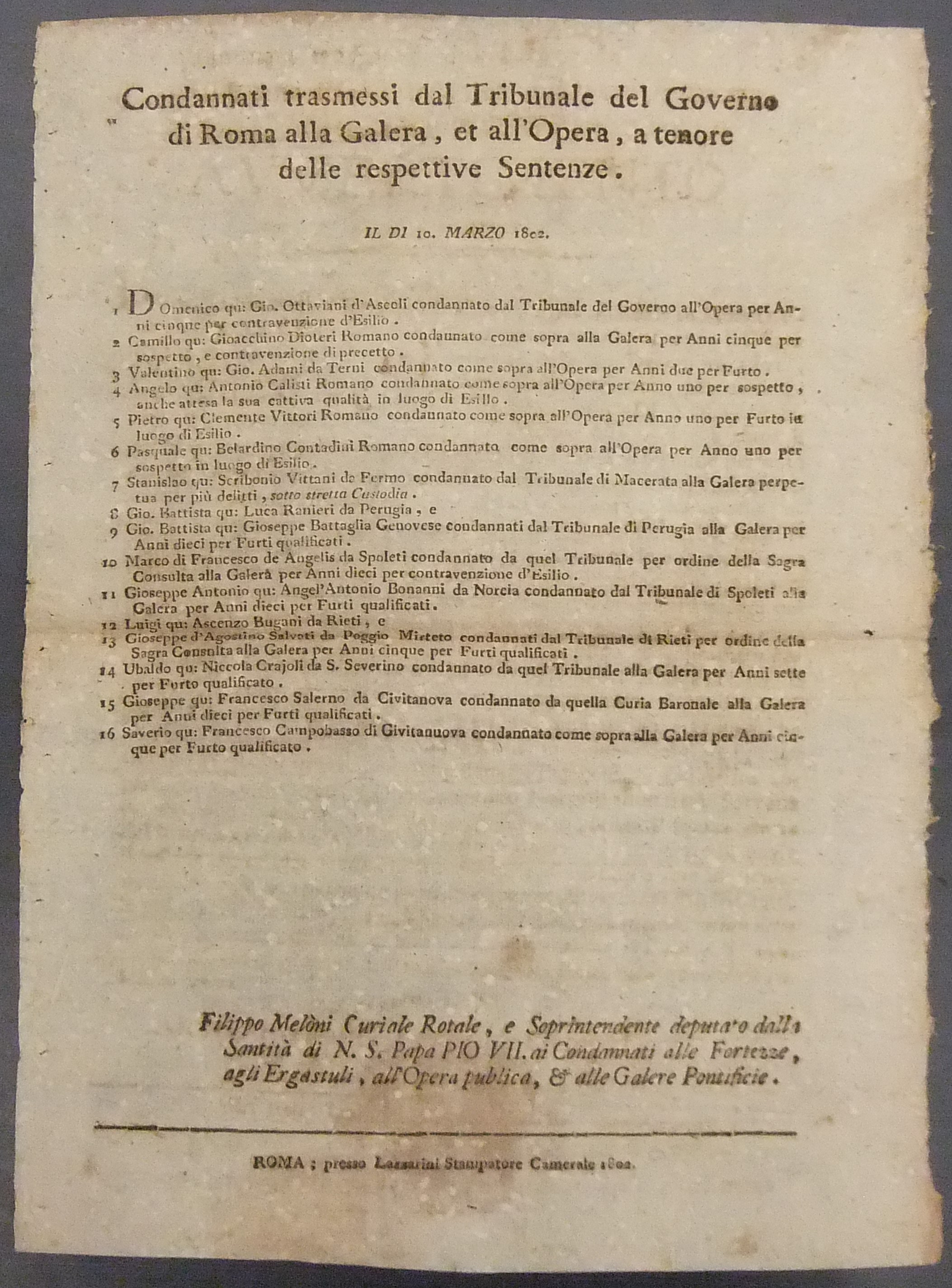 Condannati trasmessi dal Tribunale del Governo di Roma alla Galera