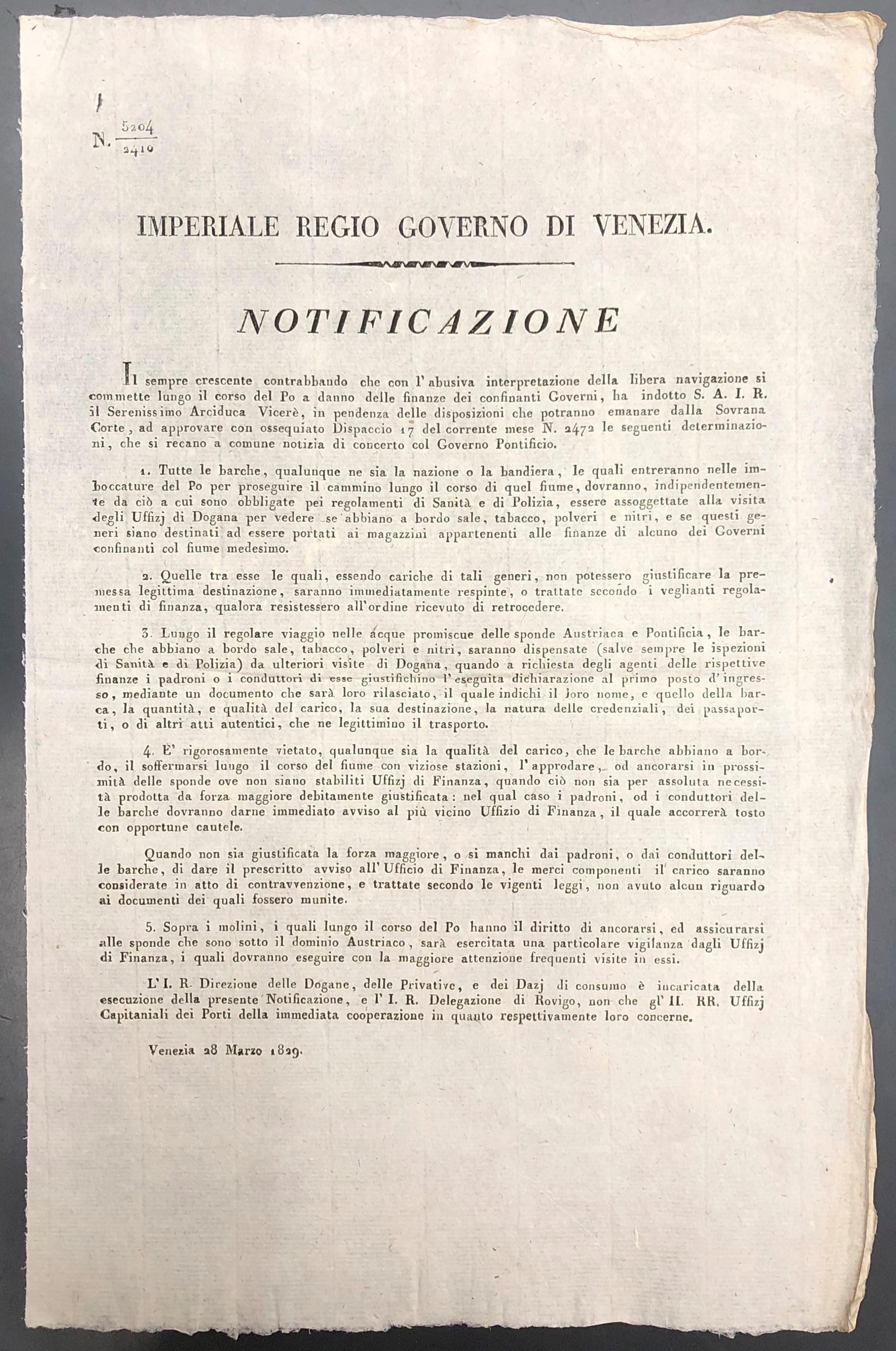 Imperiale Regio Governo di Venezia. Notificazione