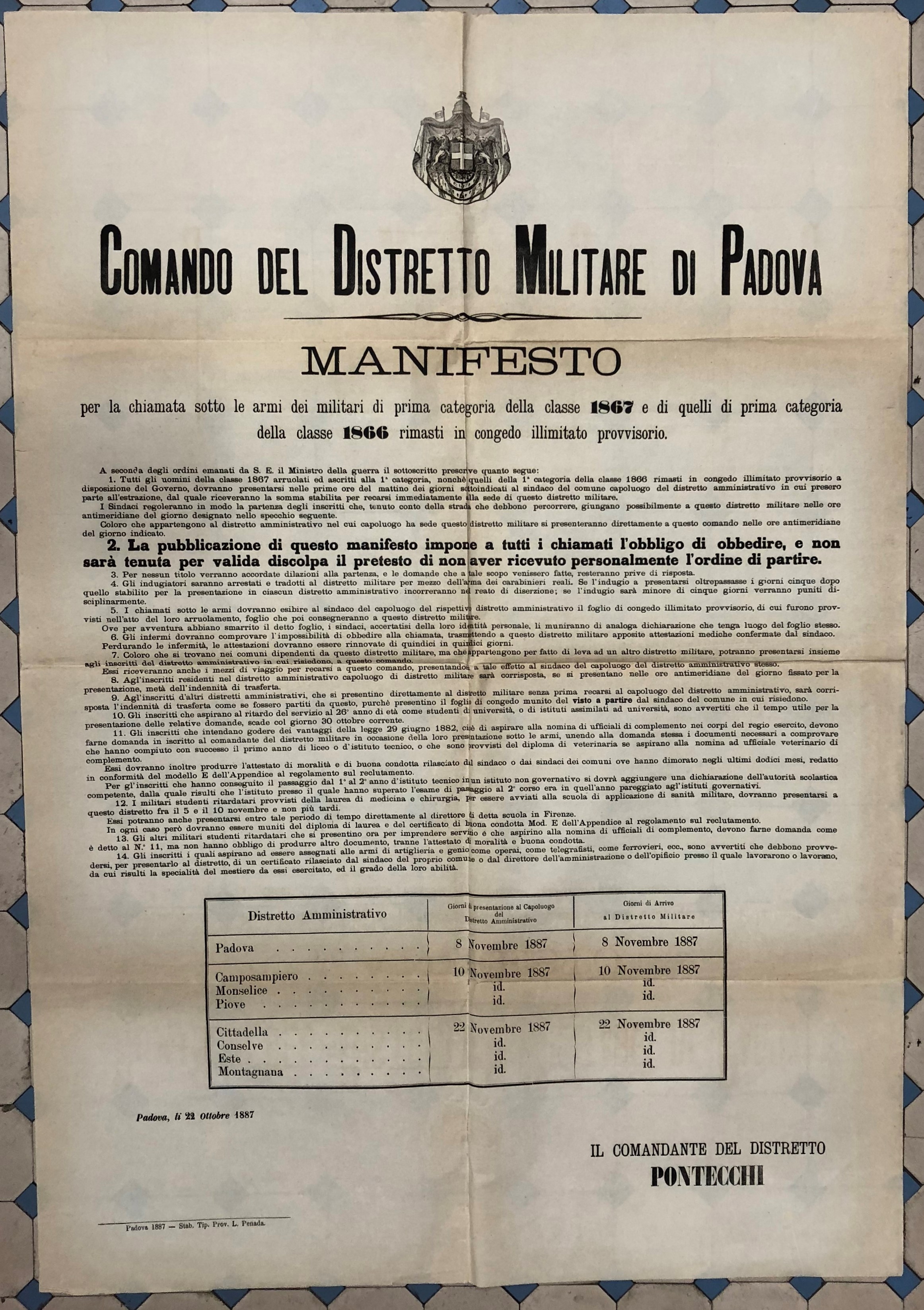 Comando del Distretto Militare di Padova. Manifesto