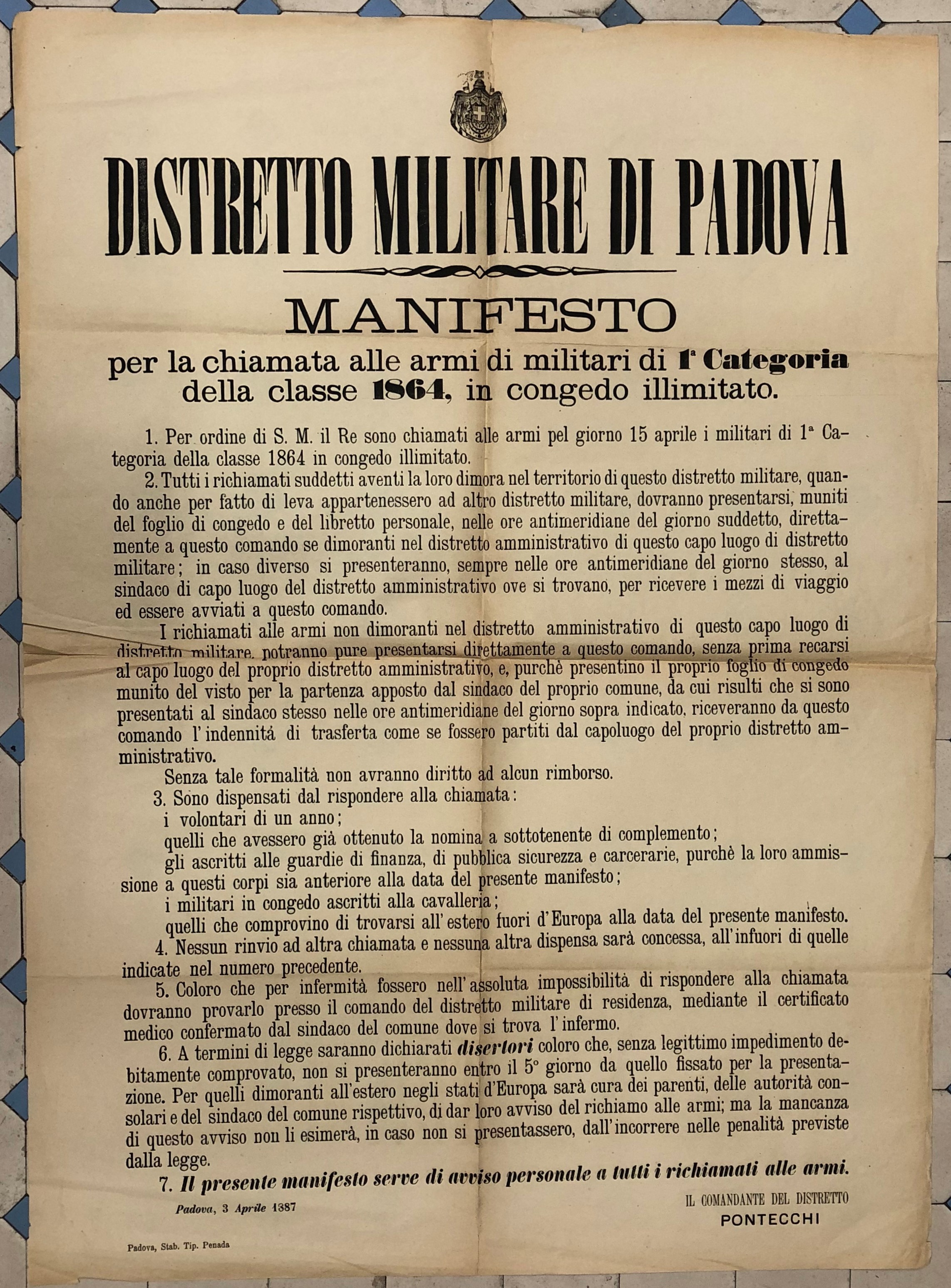 Comando del Distretto Militare di Padova. Manifesto
