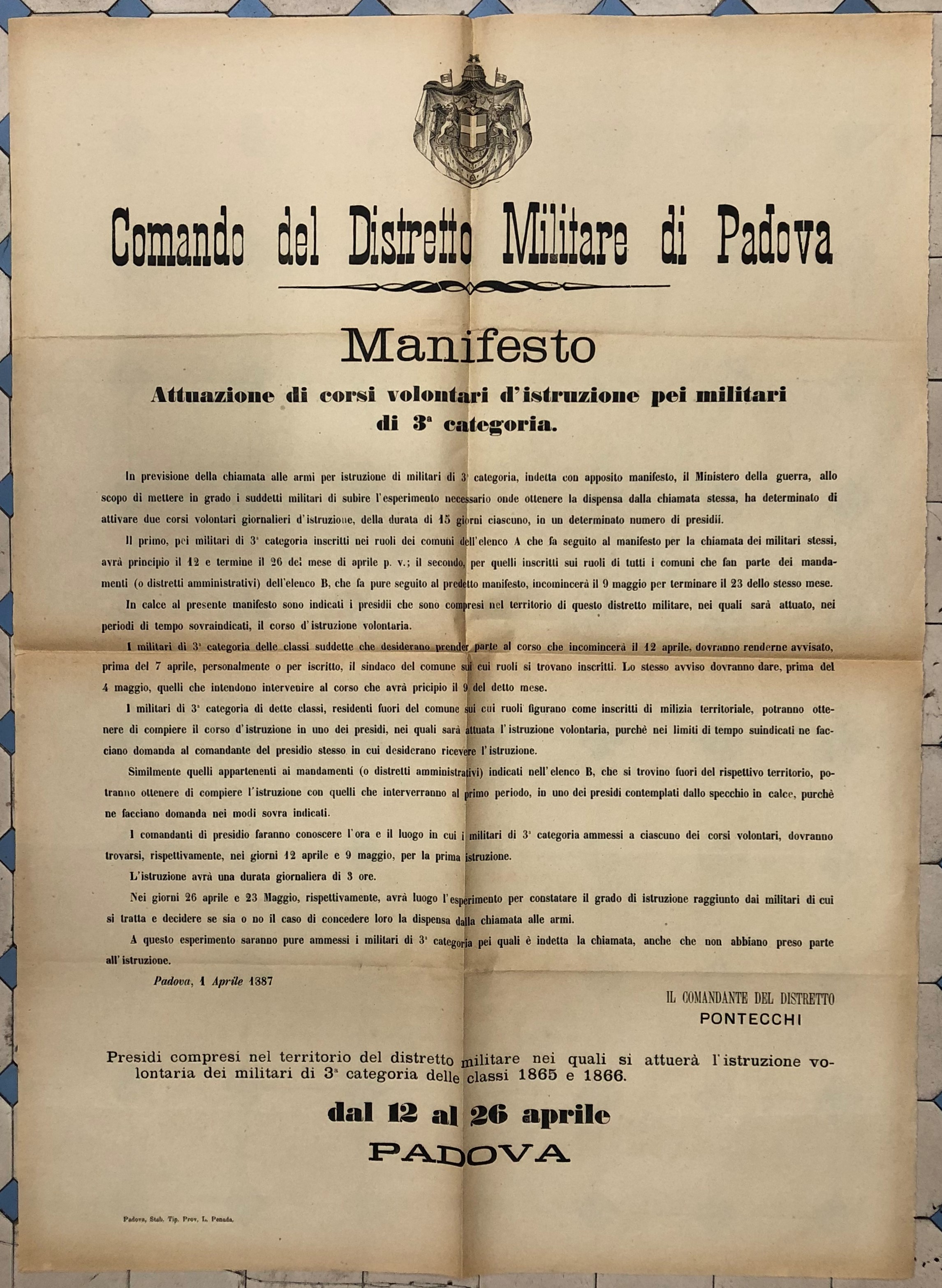 Comando del Distretto Militare di Padova. Manifesto