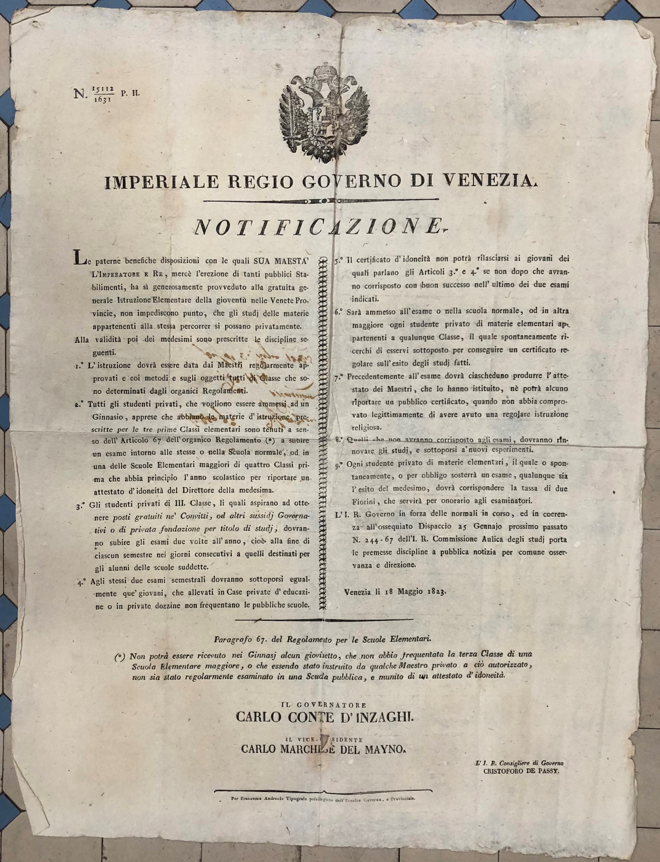 Imperiale Regio Governo di Venezia. Notificazione
