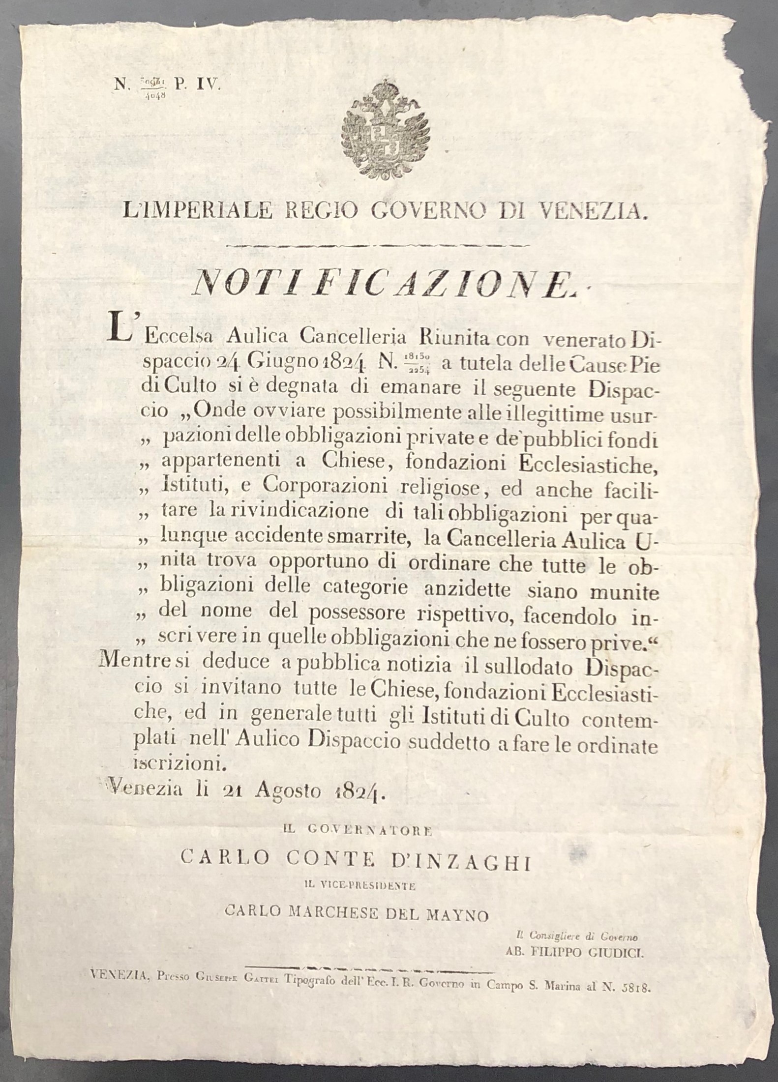 Imperiale Regio Governo di Venezia. Notificazione