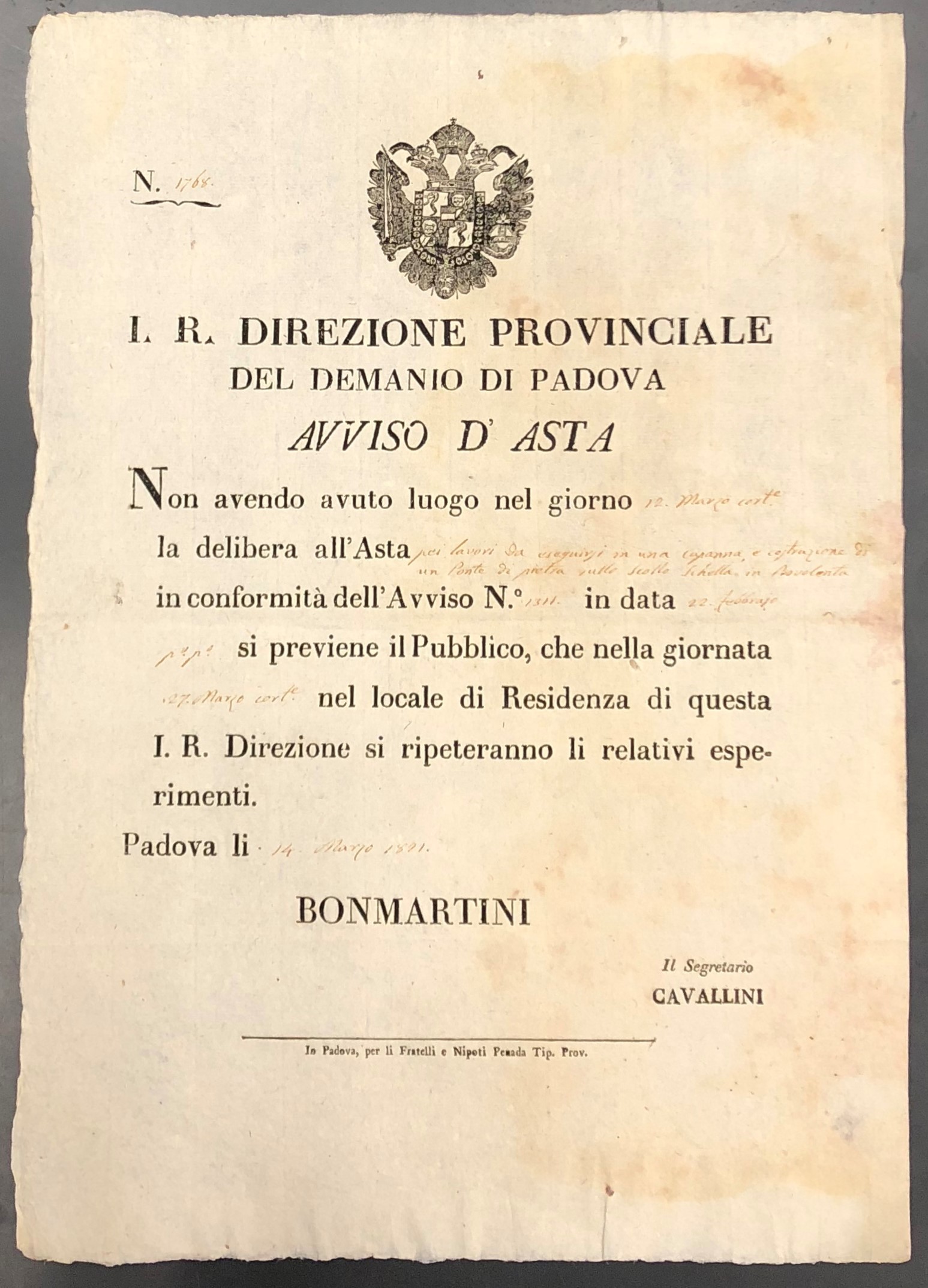 L'I. R. Delegazione Provinciale del Demanio di Padova. Avviso d'Asta
