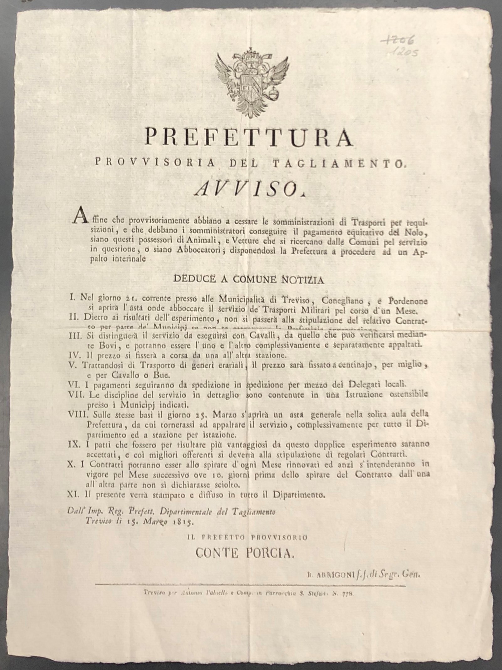 Prefettura provvisoria del Tagliamento. Avviso