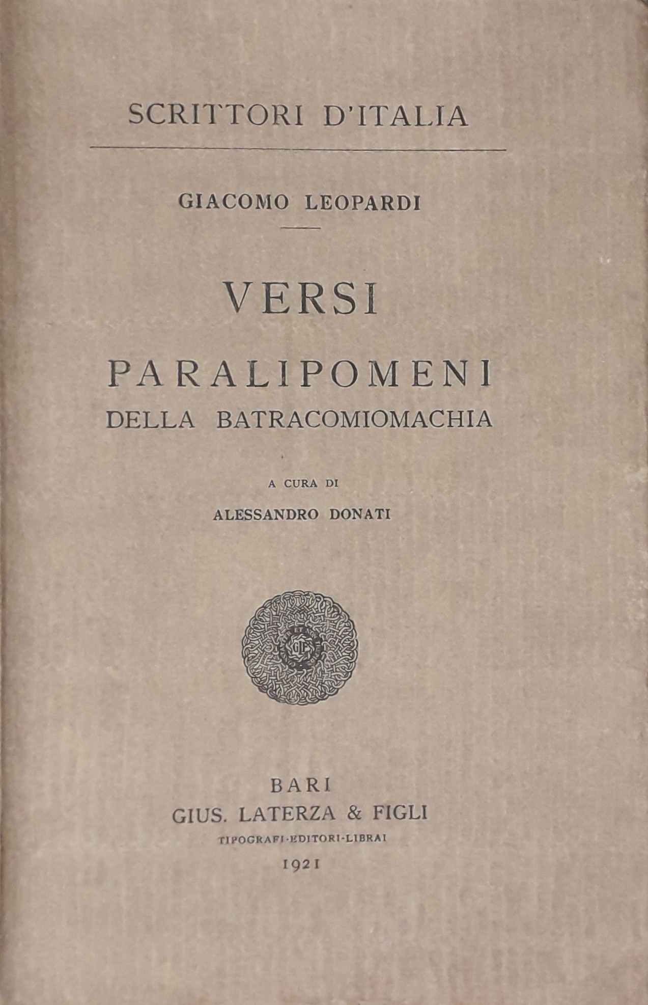 Versi paralipomeni della batracomiomachia. A cura di Alessandro Donati