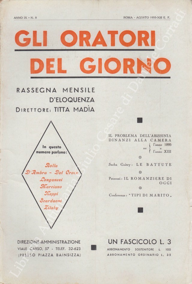 Gli oratori del giorno. Rassegna mensile d'eloquenza. Anno IX - Numero 8. Agosto 1935