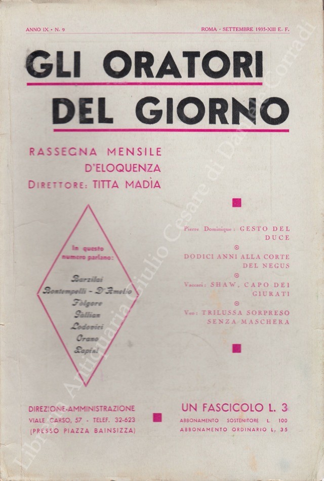 Gli oratori del giorno. Rassegna mensile d'eloquenza. Anno IX - Numero 9. Settembre 1935