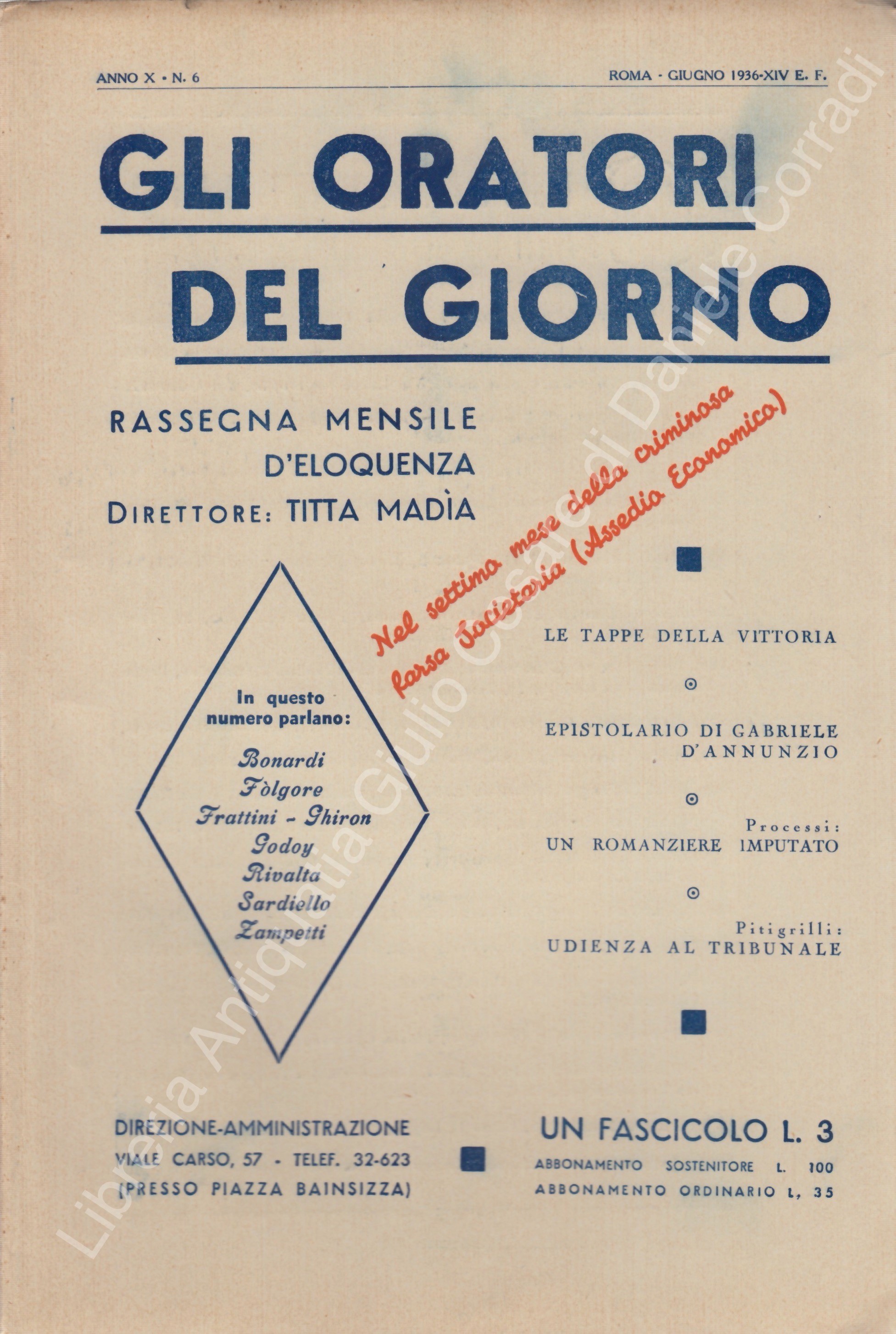 Gli oratori del giorno. Rassegna mensile d'eloquenza. Anno X - Numero 6. Giugno 1936