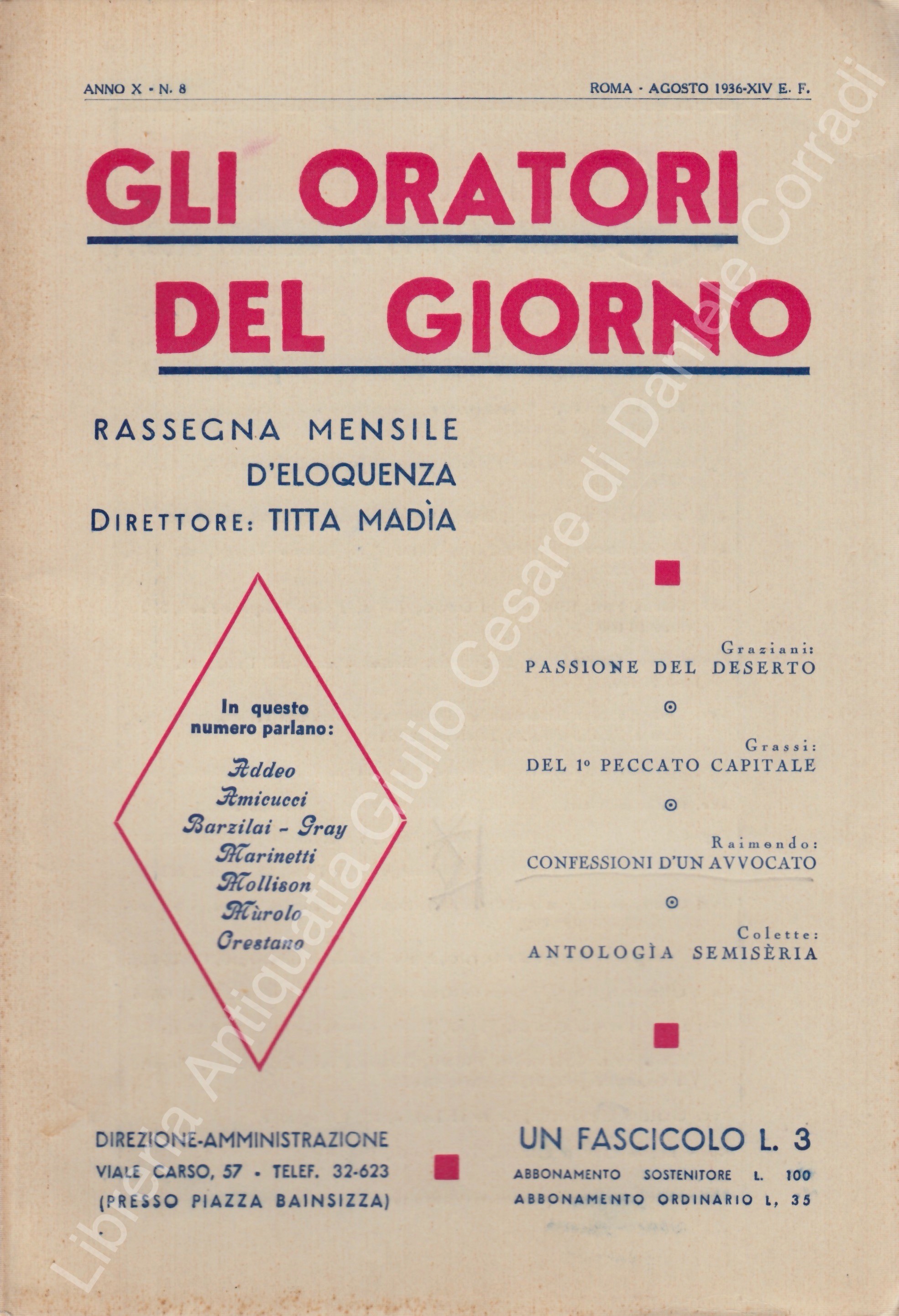 Gli oratori del giorno. Rassegna mensile d'eloquenza. Anno X - Numero 8. Agosto 1936