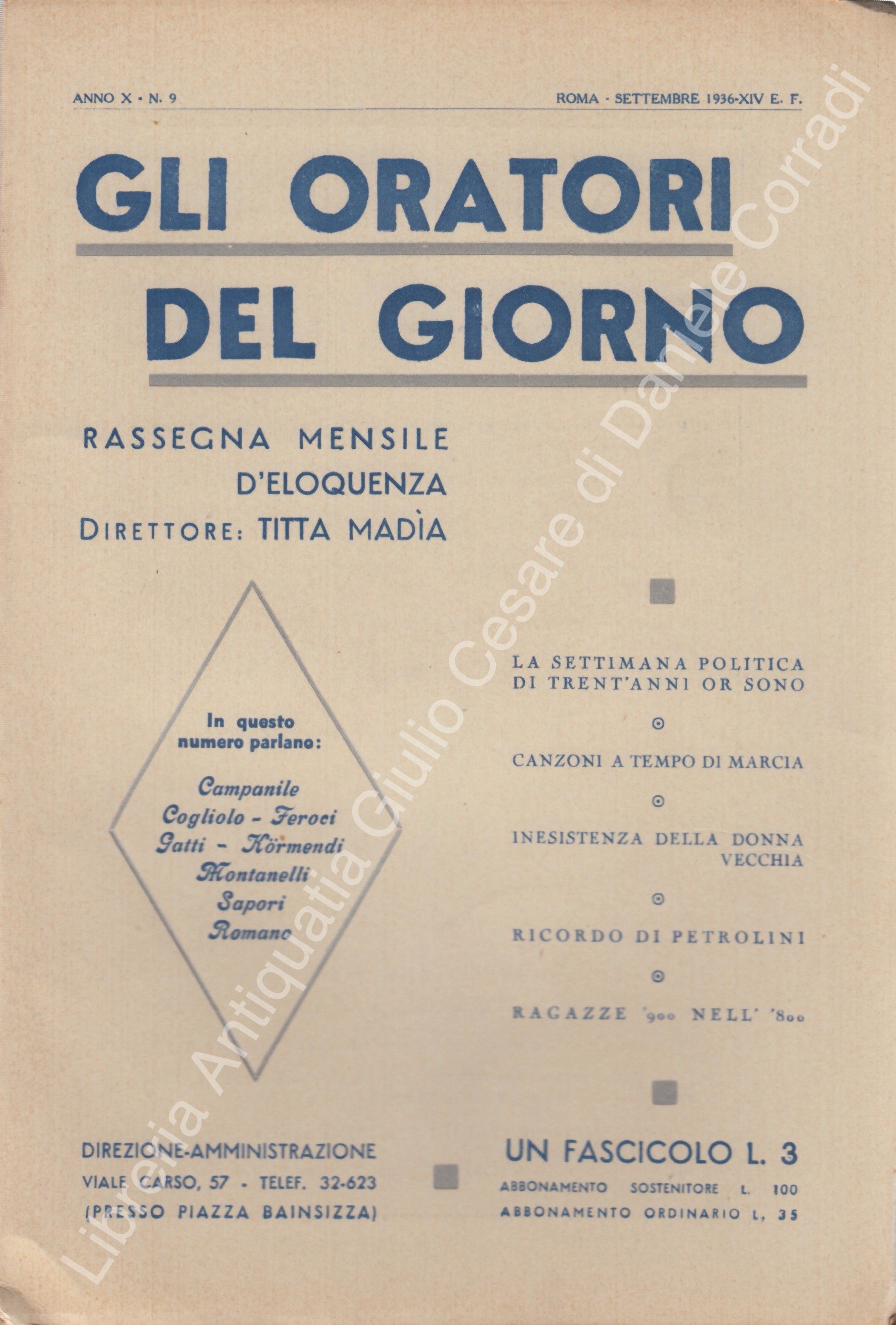 Gli oratori del giorno. Rassegna mensile d'eloquenza. Anno X - Numero 9. Settembre 1936