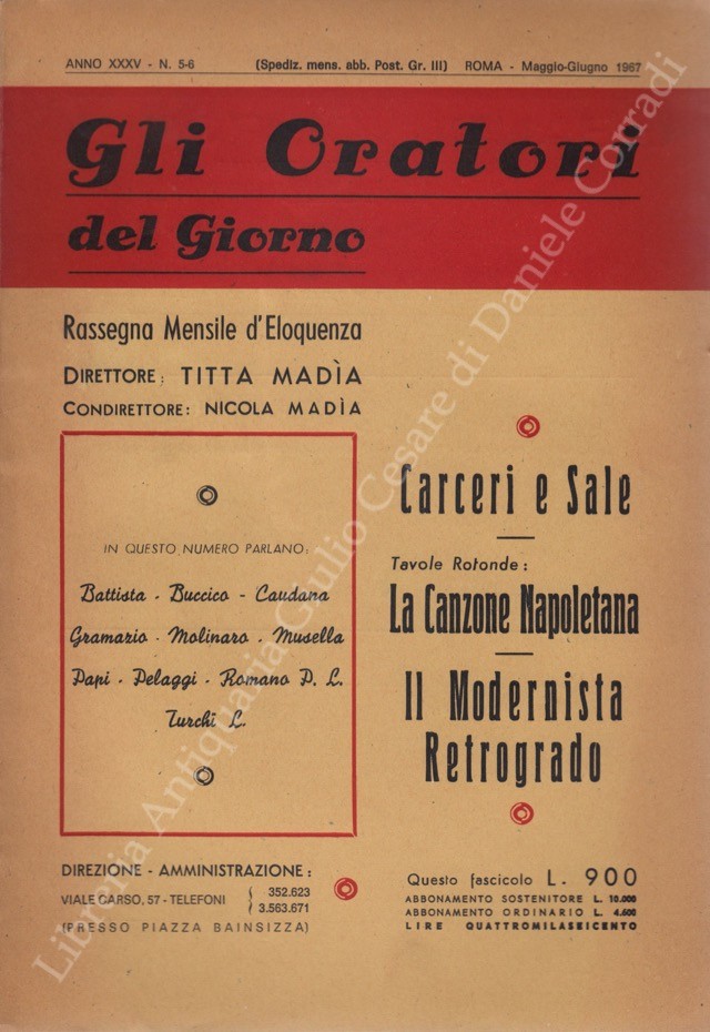 Gli oratori del giorno. Rassegna mensile d'eloquenza. Anno XXXV - Numero 5-6. Maggio-Giugno 1967