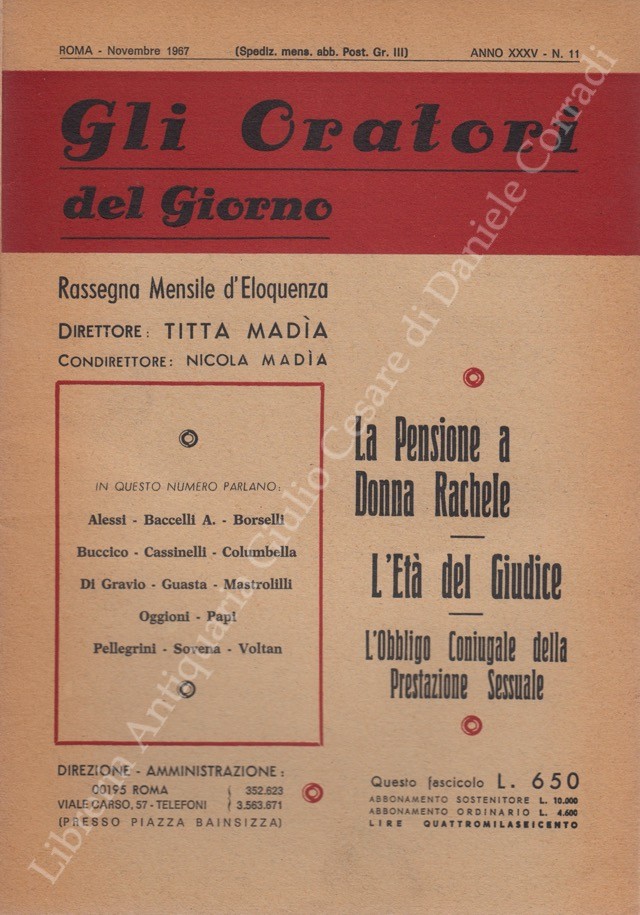 Gli oratori del giorno. Rassegna mensile d'eloquenza. Anno XXXV - Numero 11. Novembre 1967