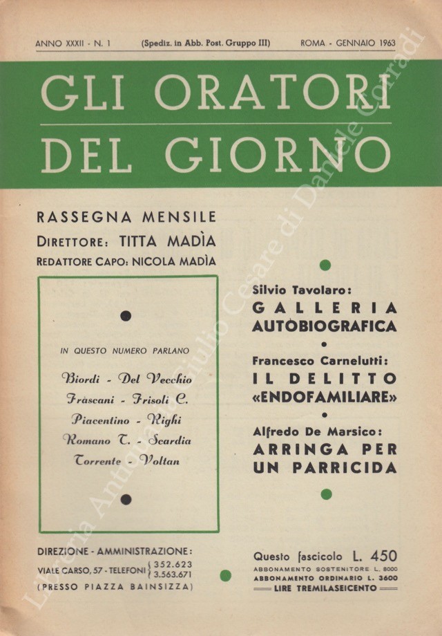 Gli oratori del giorno. Rassegna mensile d'eloquenza. Anno XXXII - Numero 1. Gennaio 1963