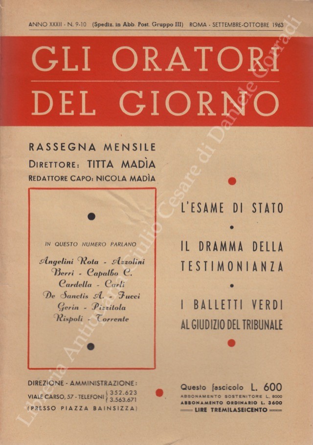 Gli oratori del giorno. Rassegna mensile d'eloquenza. Anno XXXII - Numero 9-10. Settembre-Ottobre 1963