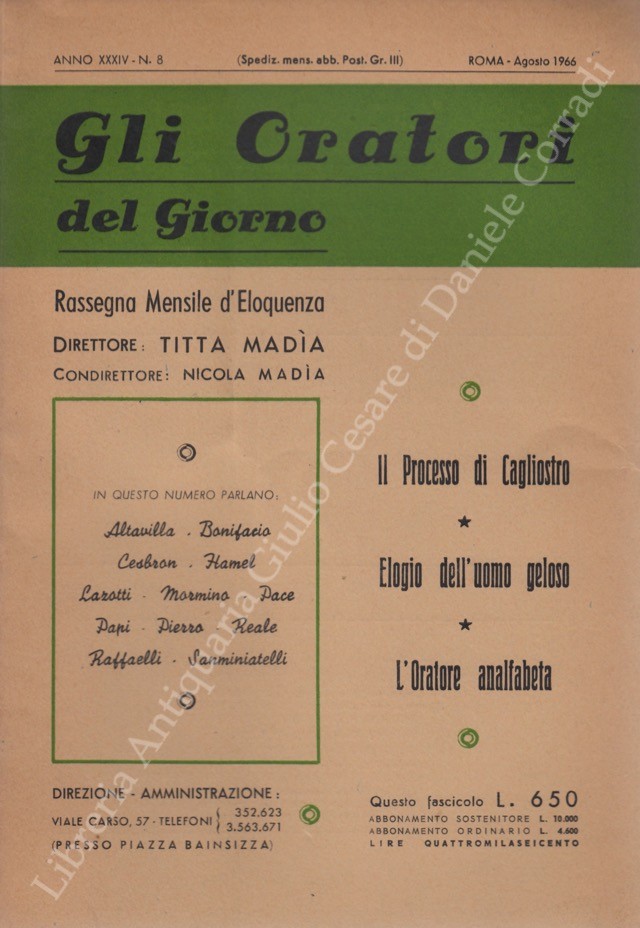 Gli oratori del giorno. Rassegna mensile d'eloquenza. Anno XXXIV - Numero 8. Agosto 1966