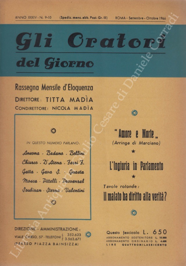 Gli oratori del giorno. Rassegna mensile d'eloquenza. Anno XXXIV - Numero 9-10. Settembre-Ottobre 1966