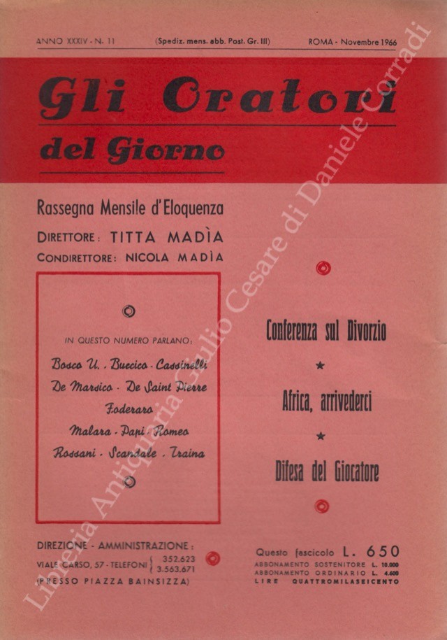 Gli oratori del giorno. Rassegna mensile d'eloquenza. Anno XXXIV - Numero 11. Novembre 1966
