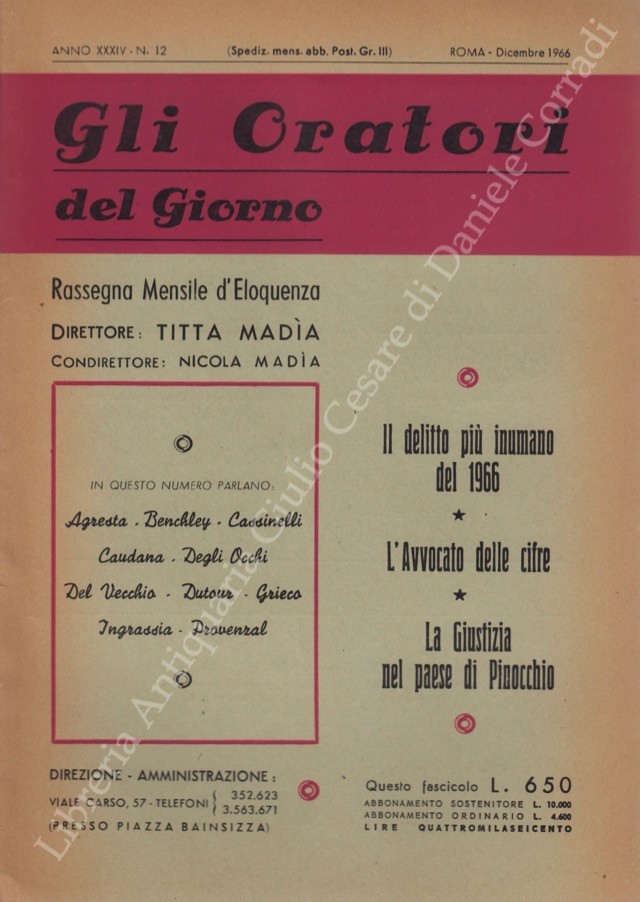Gli oratori del giorno. Rassegna mensile d'eloquenza. Anno XXXIV - Numero 12. Dicembre 1966