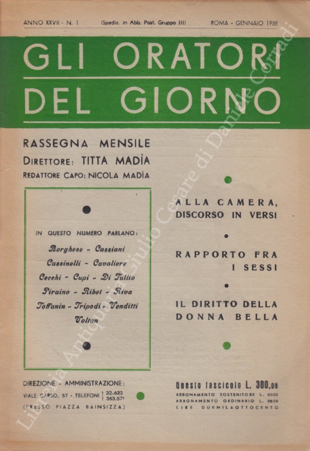 Gli oratori del giorno. Rassegna mensile d'eloquenza. Anno XXVII - Numero 1. Gennaio 1958
