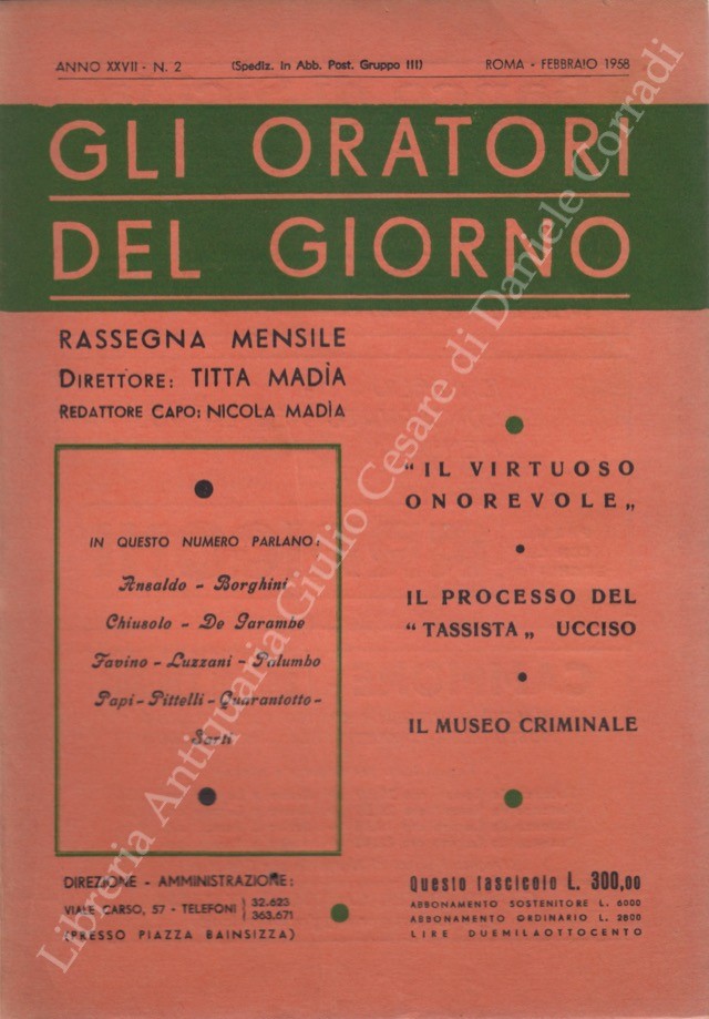 Gli oratori del giorno. Rassegna mensile d'eloquenza. Anno XXVII - Numero 2. Febbraio 1958