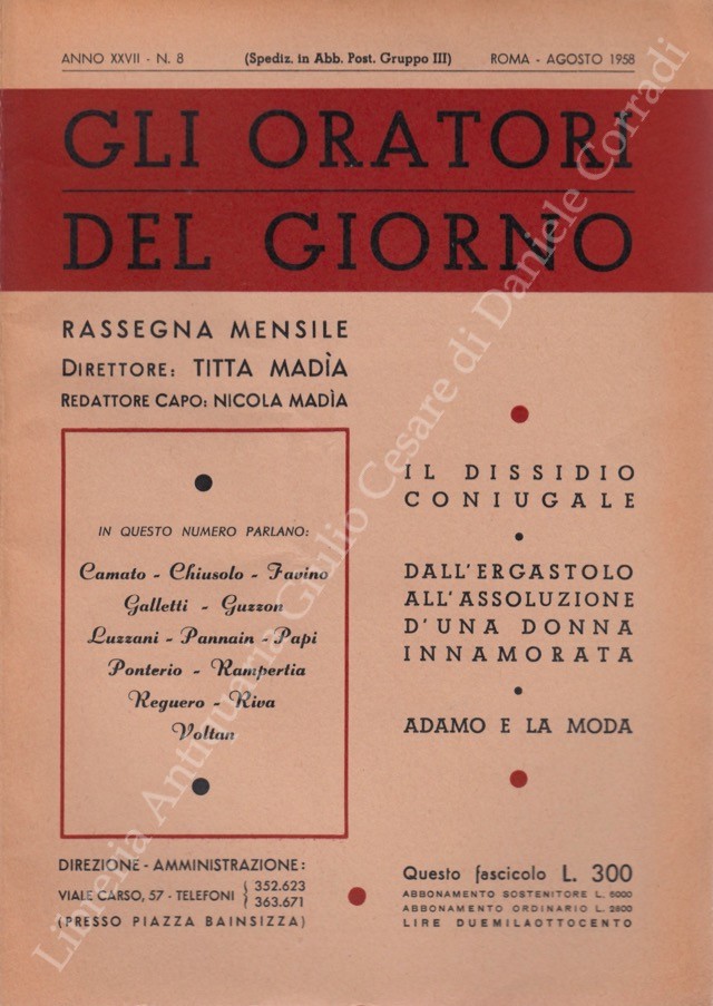 Gli oratori del giorno. Rassegna mensile d'eloquenza. Anno XXVII - Numero 8. Agosto 1958