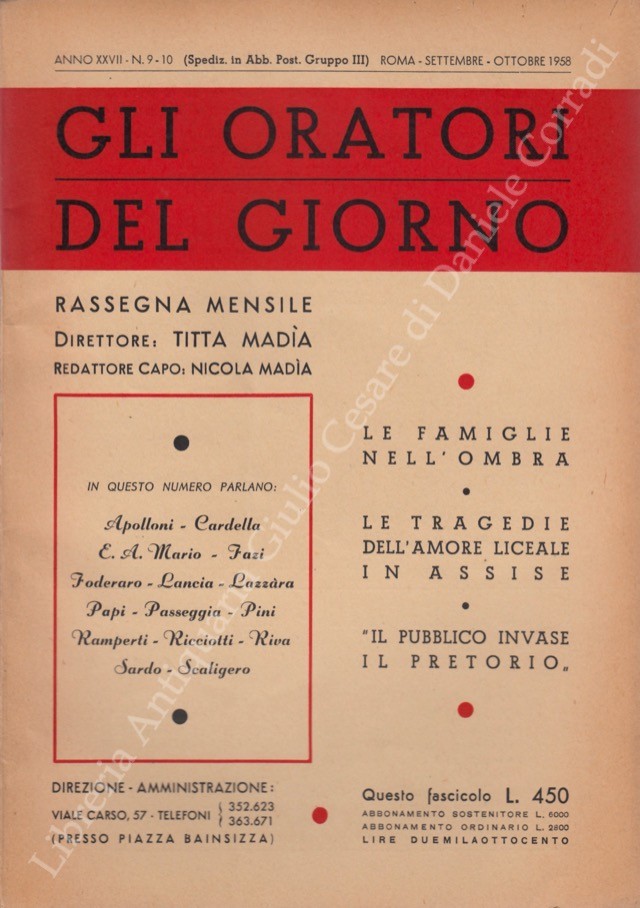 Gli oratori del giorno. Rassegna mensile d'eloquenza. Anno XXVII - Numero 9-10. Settembre-Ottobre 1958