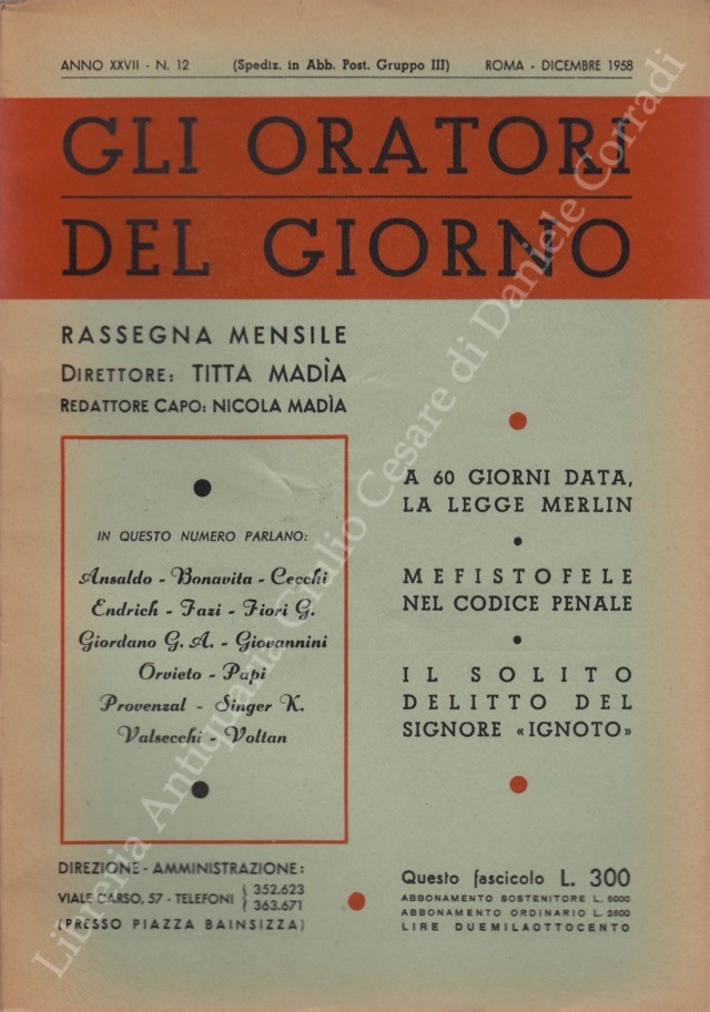 Gli oratori del giorno. Rassegna mensile d'eloquenza. Anno XXVII - Numero 12. Dicembre 1958