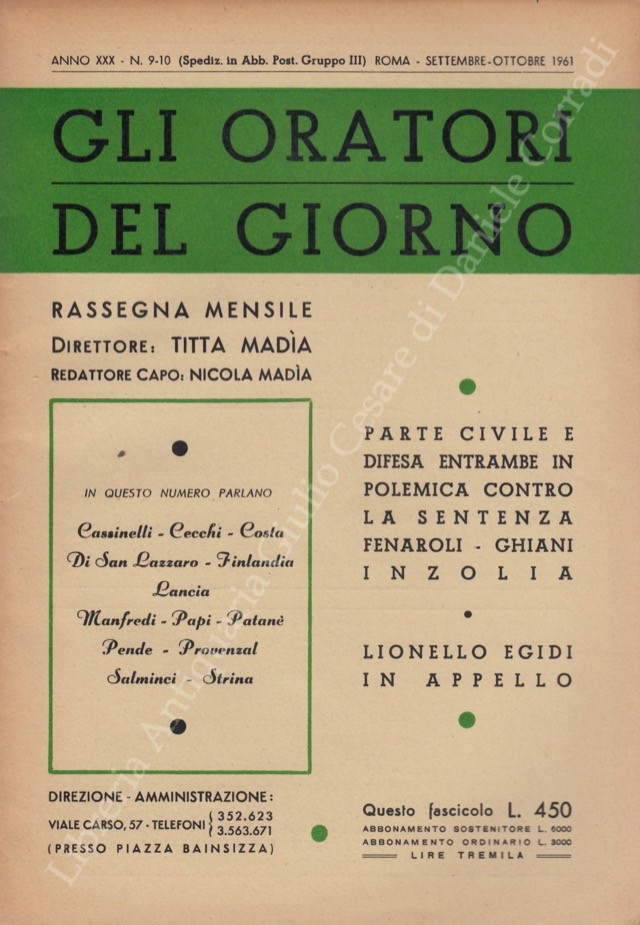 Gli oratori del giorno. Rassegna mensile d'eloquenza. Anno XXX - Numero 9-10. Settembre-Ottobre 1961