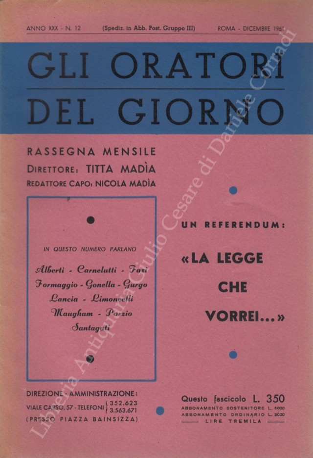 Gli oratori del giorno. Rassegna mensile d'eloquenza. Anno XXX - Numero 11. Dicembre 1961