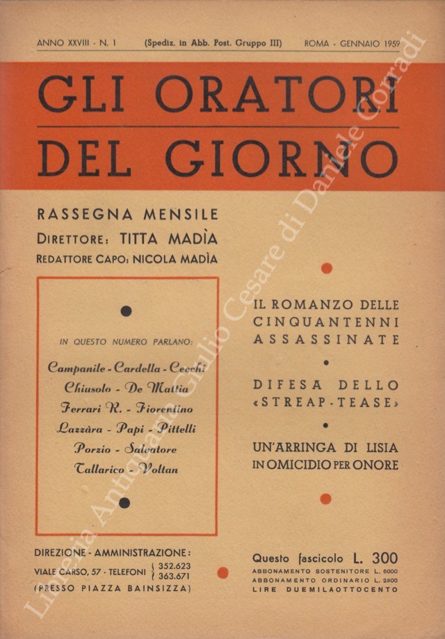 Gli oratori del giorno. Rassegna mensile d'eloquenza. Anno XXVIII - Numero 1. Gennaio 1959