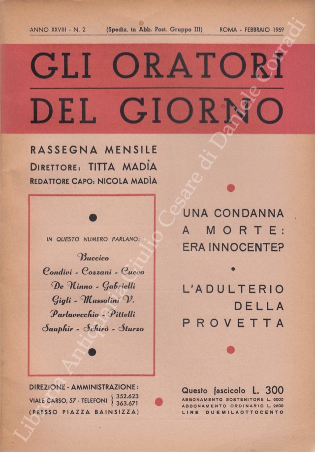 Gli oratori del giorno. Rassegna mensile d'eloquenza. Anno XXVIII - Numero 2. Febbraio 1959