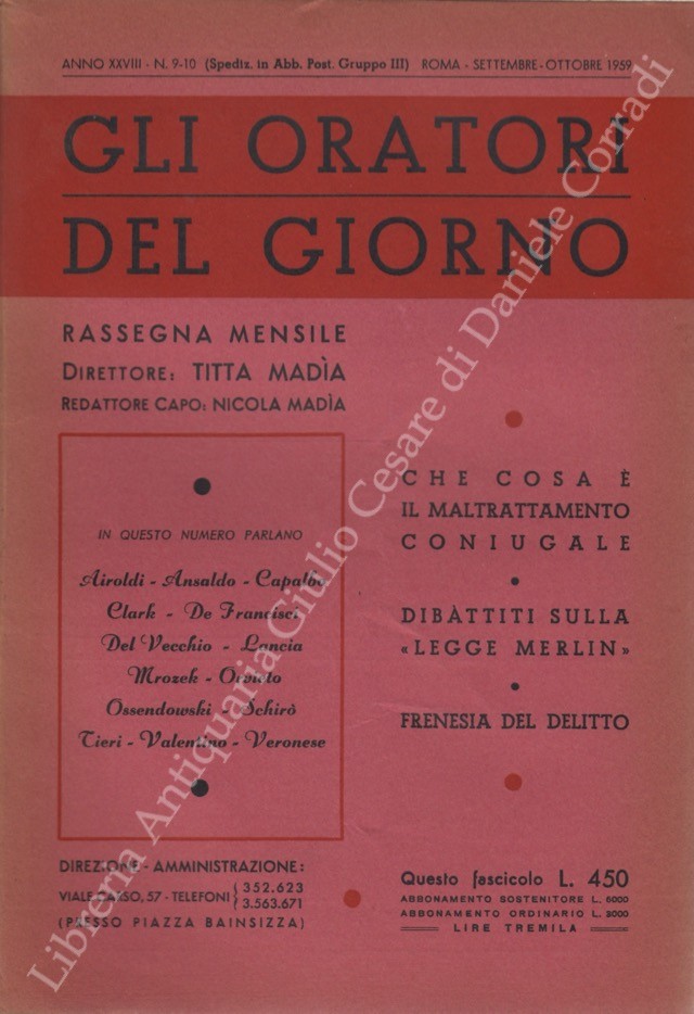 Gli oratori del giorno. Rassegna mensile d'eloquenza. Anno XXVIII - Numero 9-10. Settembre-Ottobre 1959