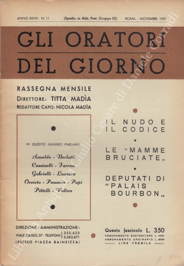 Gli oratori del giorno. Rassegna mensile d'eloquenza. Anno XXVIII - Numero 11. Novembre 1959