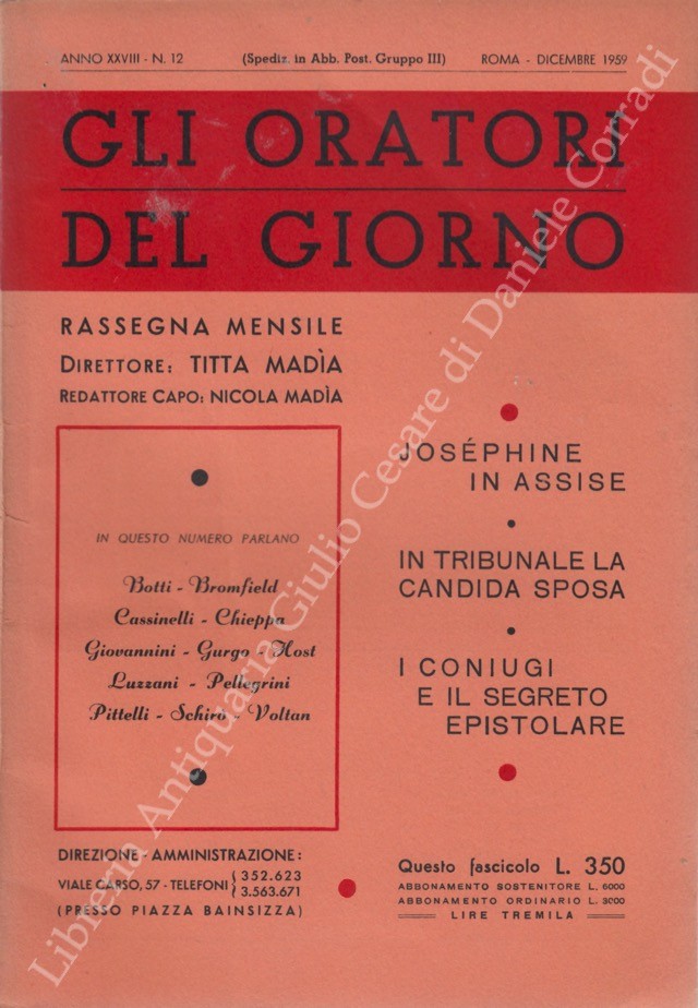 Gli oratori del giorno. Rassegna mensile d'eloquenza. Anno XXVIII - Numero 12. Dicembre 1959