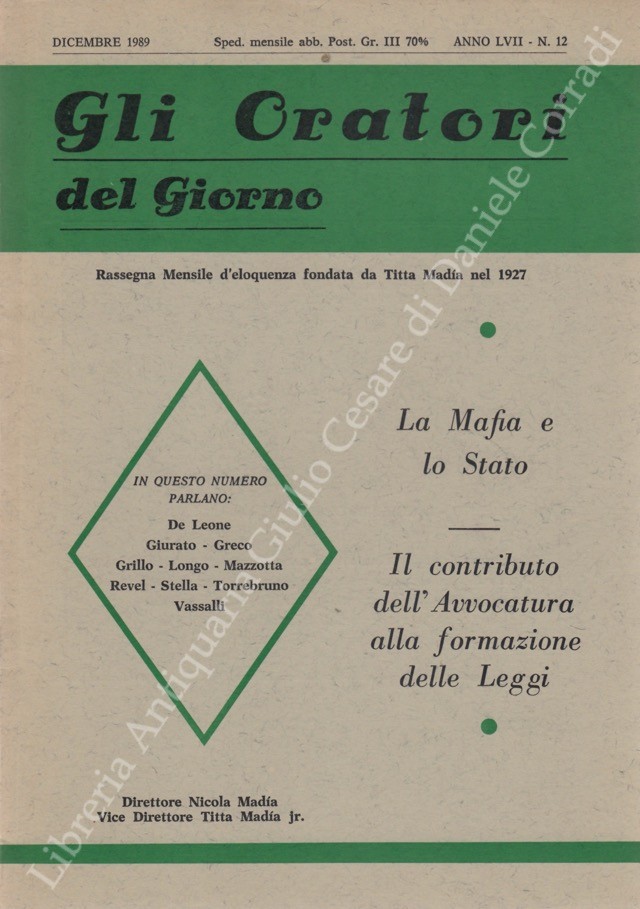 Gli oratori del giorno. Rassegna mensile d'eloquenza. Anno LVII - Numero 12. Dicembre 1989