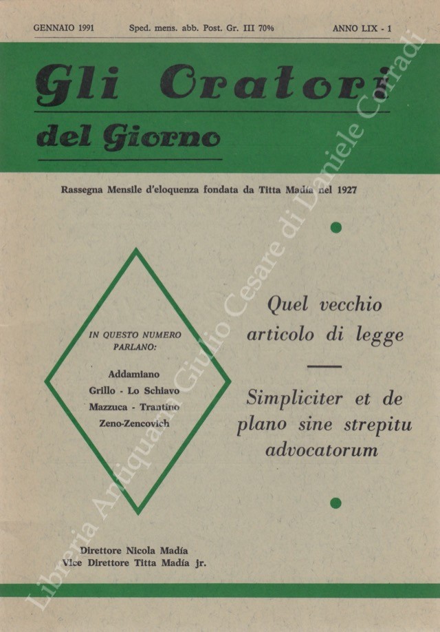 Gli oratori del giorno. Rassegna mensile d'eloquenza. Anno LIX - Numero 1. Gennaio 1991