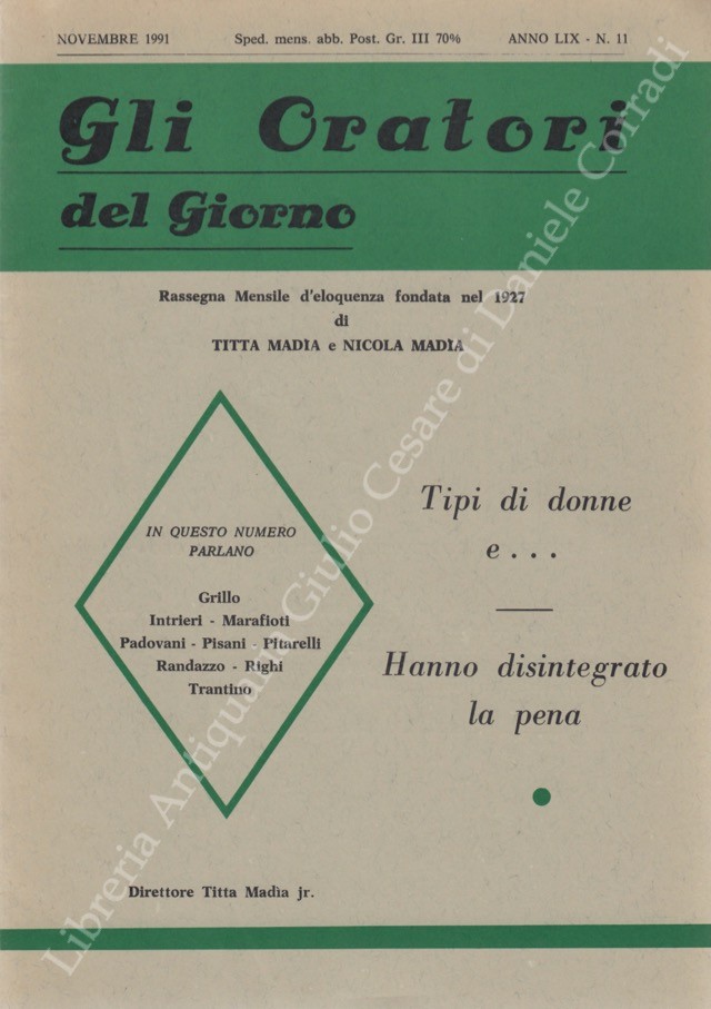 Gli oratori del giorno. Rassegna mensile d'eloquenza. Anno LIX - Numero 11. Novembre 1991